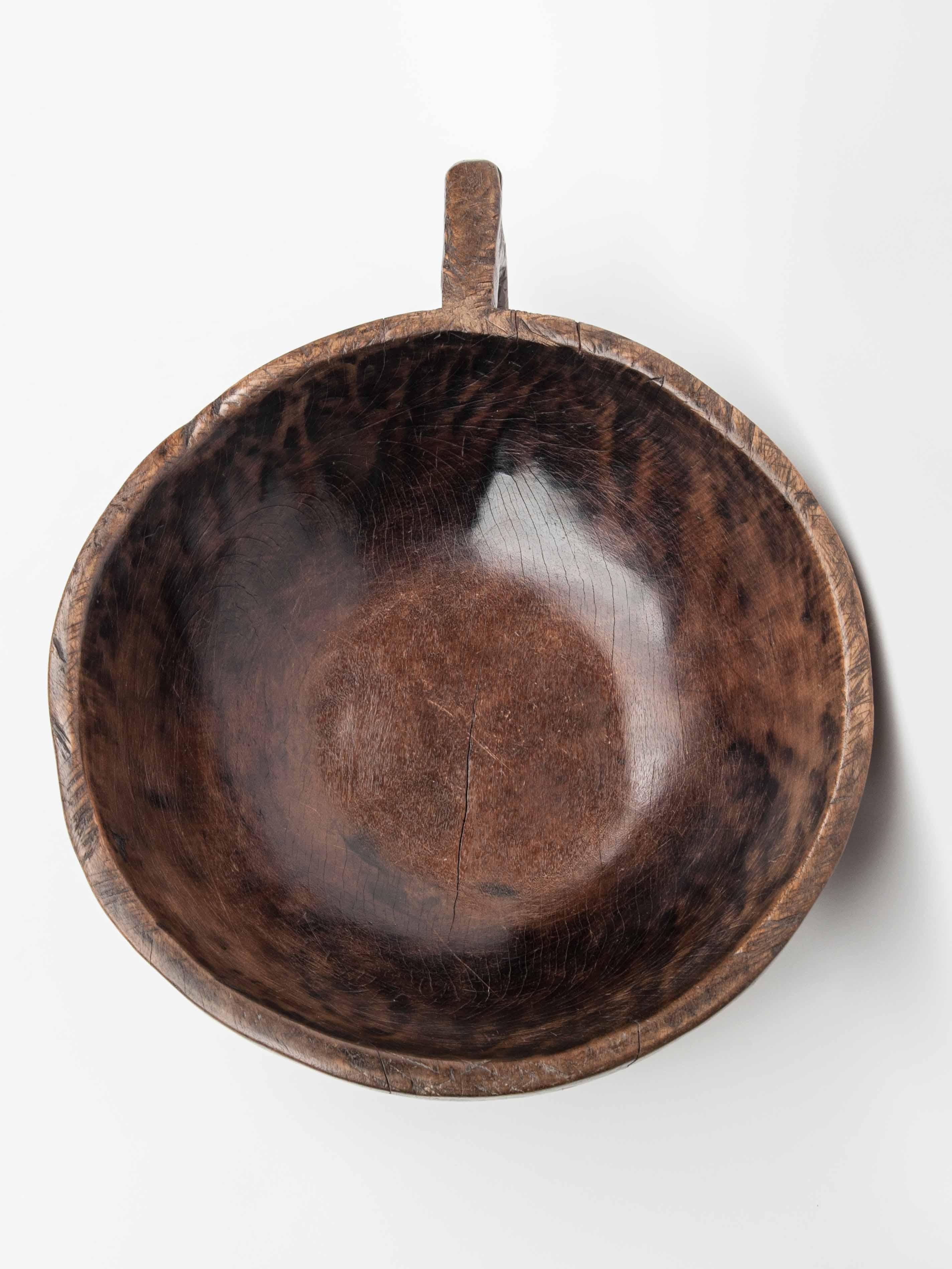 Hardwood Hand Hewn Wooden Bowl with Handle Sulawesi, Indonesia. Mid-Late 20th Century
