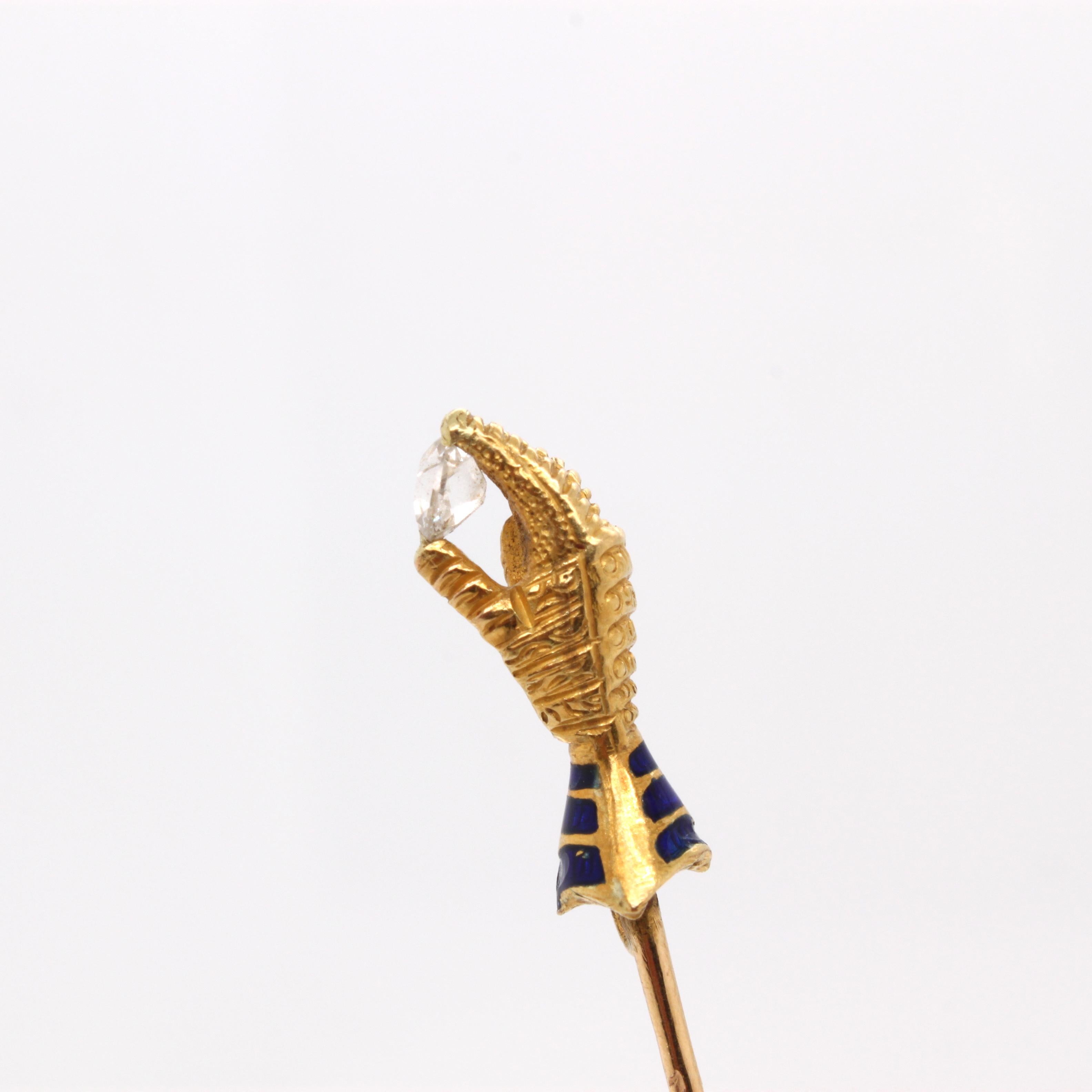 Women's or Men's Hand Holding Diamond Enamel and Gold Stick Pin, circa 1910
