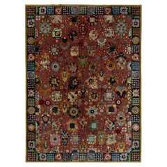 Hand Hooked Antique German Rug in Cinnamon, Multicolor Florals, Blue Border