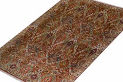 Hand-Hooked Antique Rug in Red and Green All Over Floral Pattern