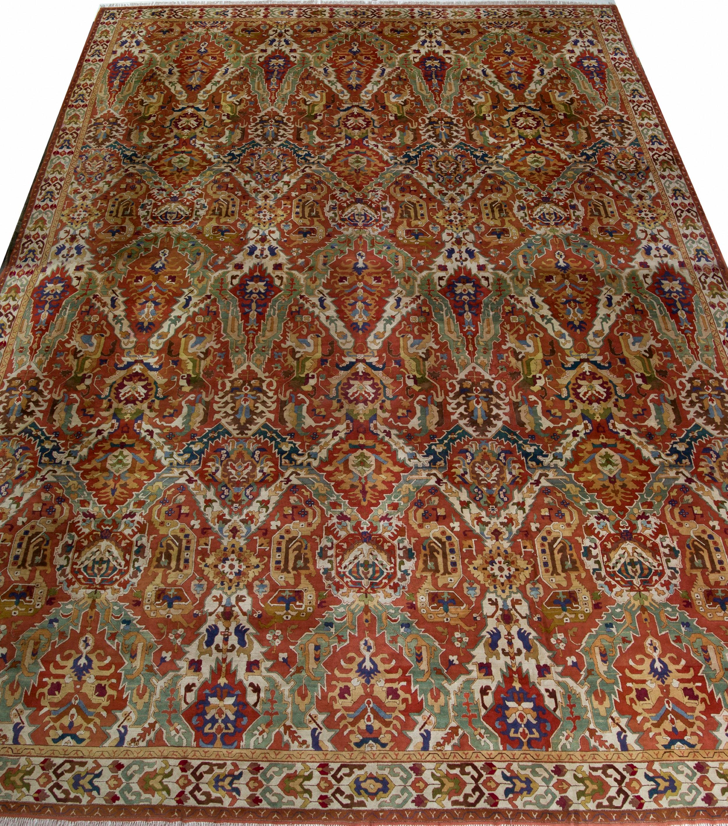 Hand-Knotted Hand-Hooked Antique Rug in Red and Green All Over Floral Pattern For Sale