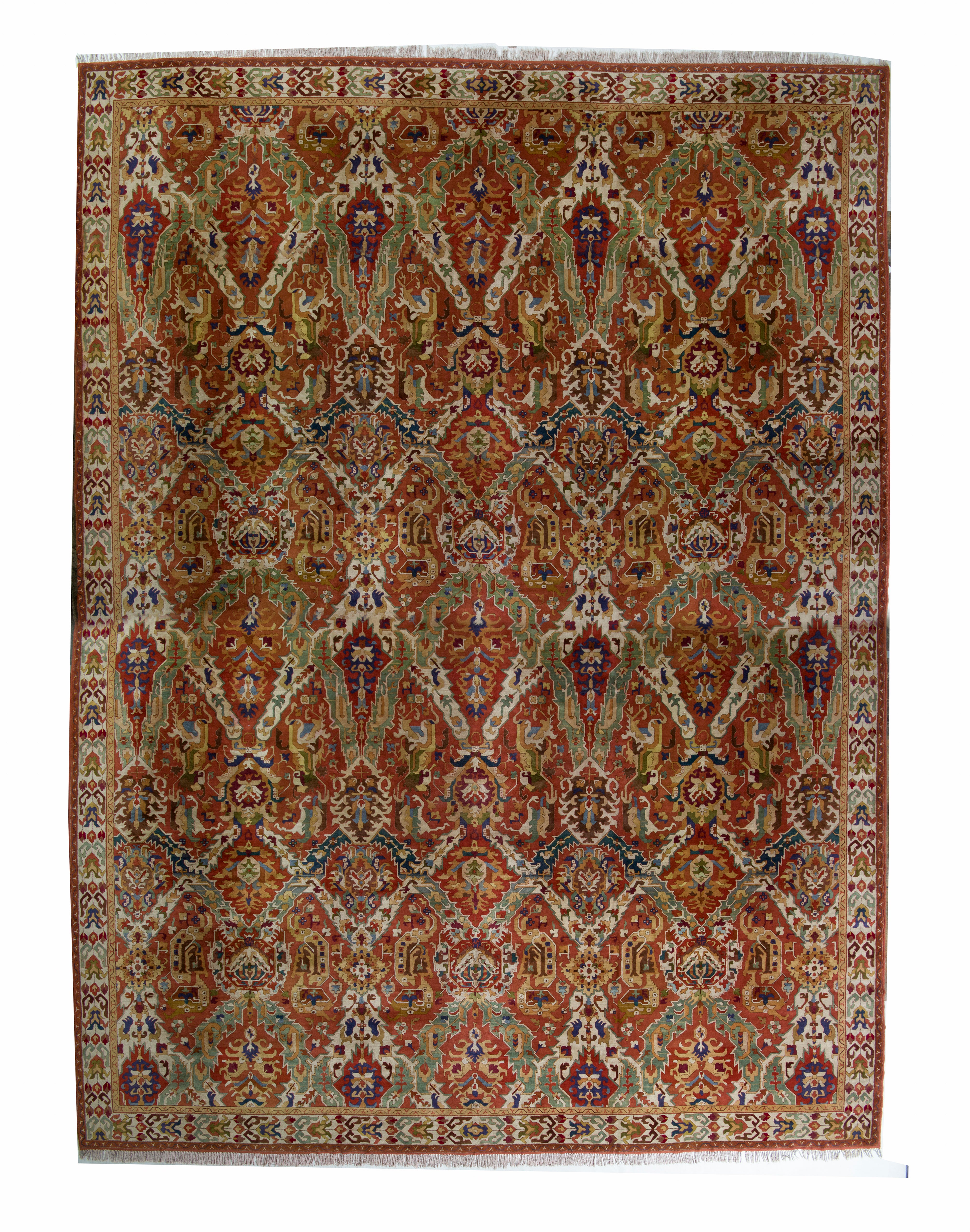 Hand-Hooked Antique Rug in Red and Green All Over Floral Pattern