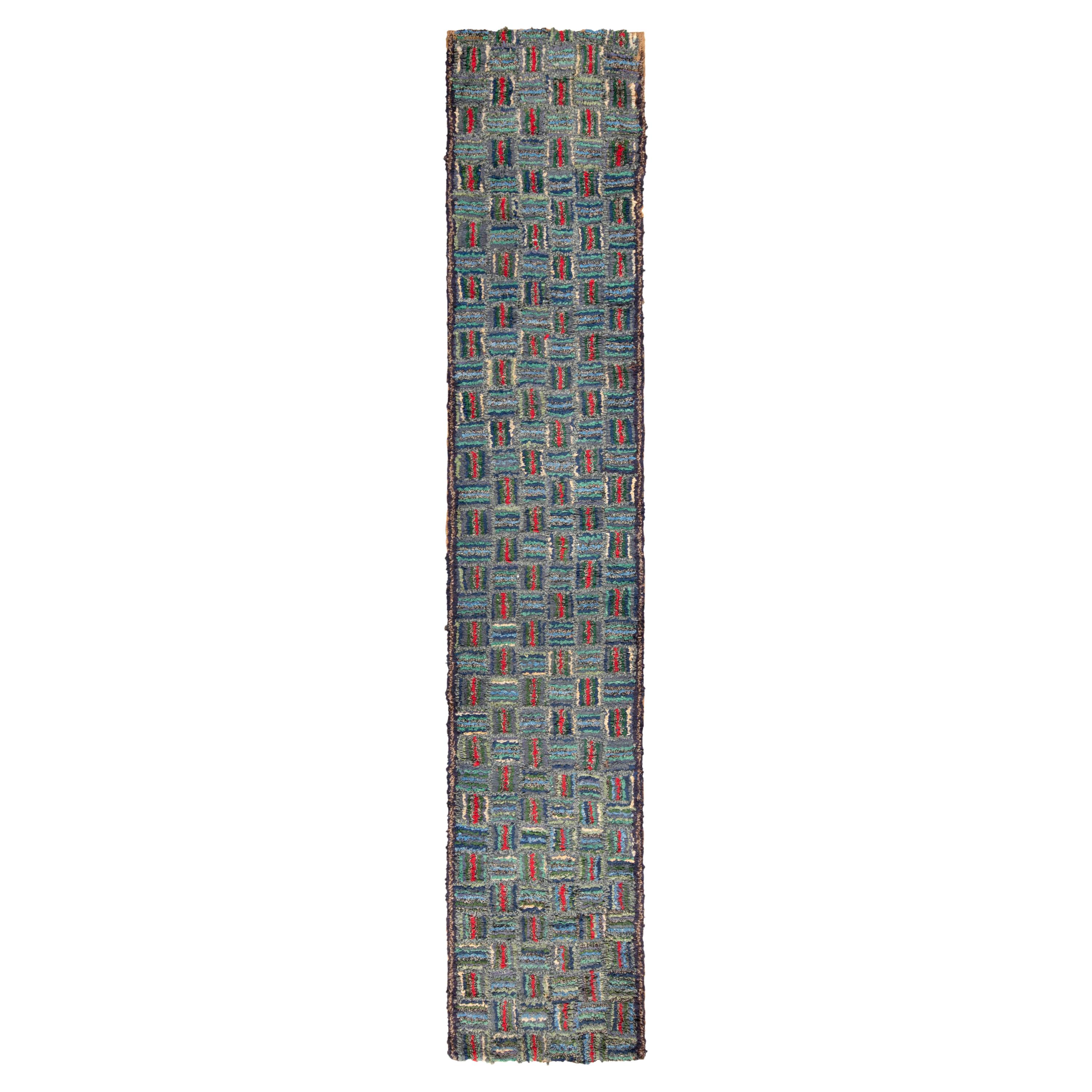 Hand Hooked Antique Runner in Blue, Green Geometric Pattern by Rug & Kilim