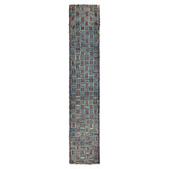 Hand Hooked Antique Runner in Blue, Green Geometric Pattern by Rug & Kilim