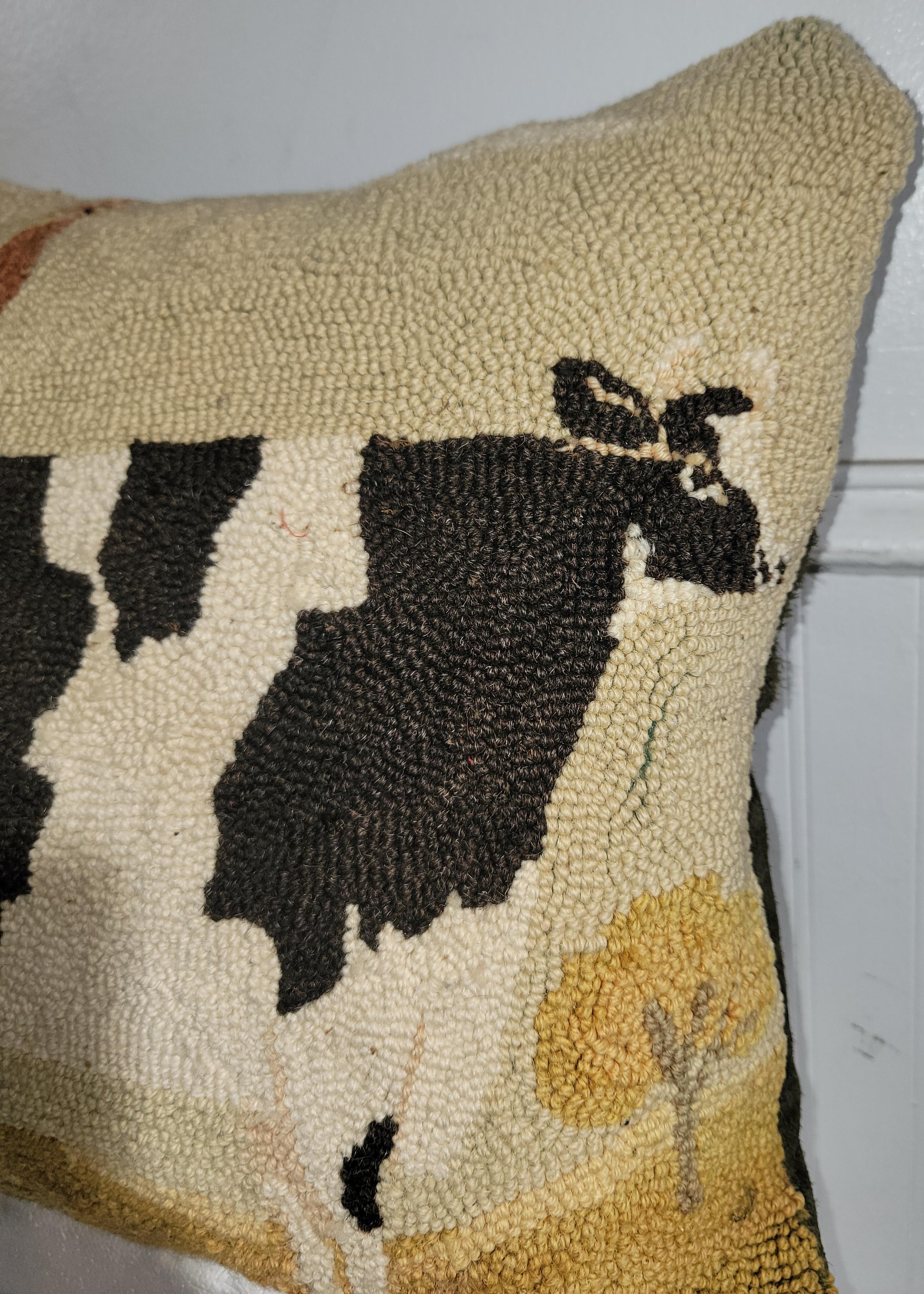 Adirondack Hand Hooked Cow Rug Pillow w/ Leather Backing For Sale