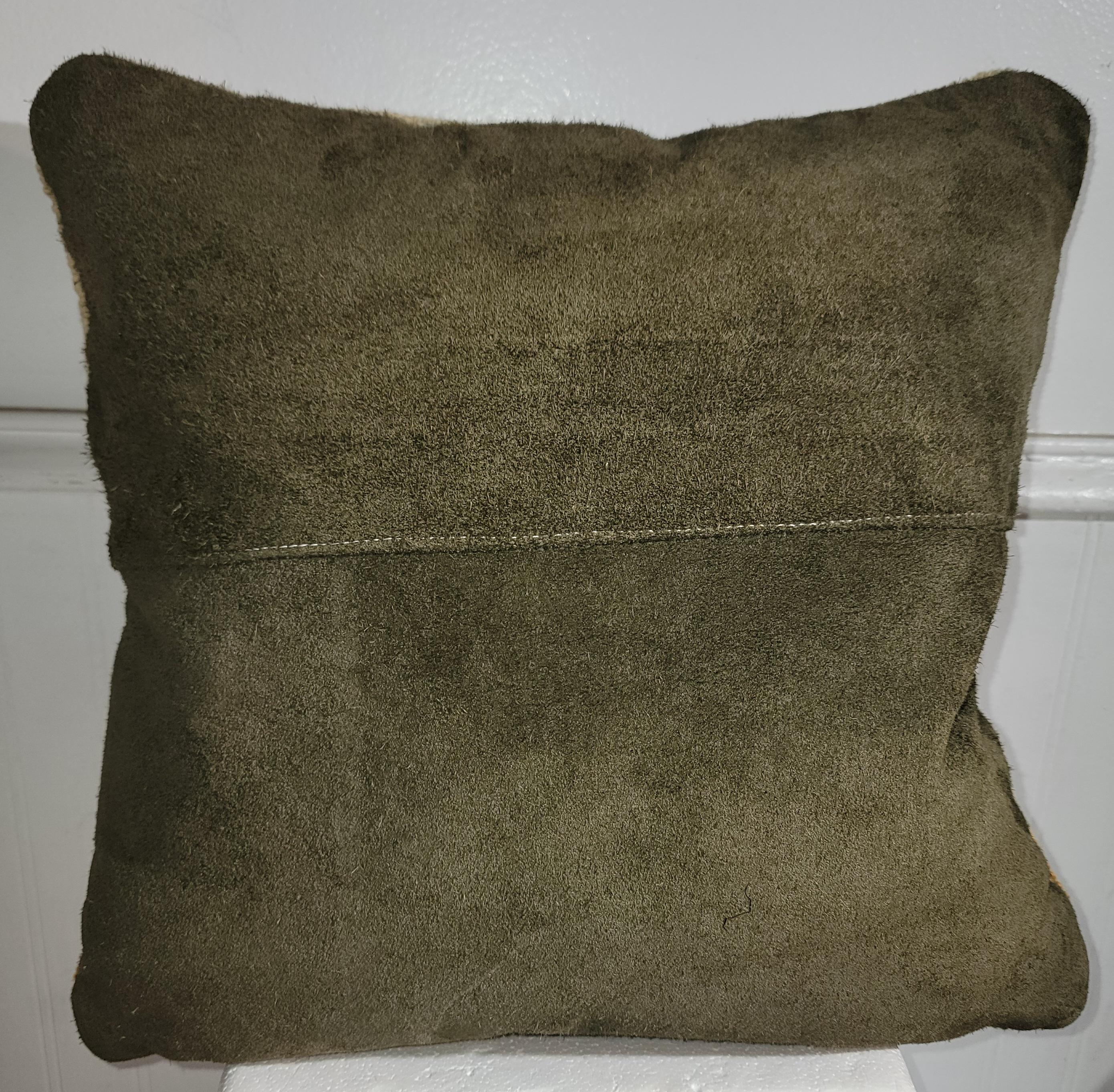 American Hand Hooked Cow Rug Pillow w/ Leather Backing For Sale