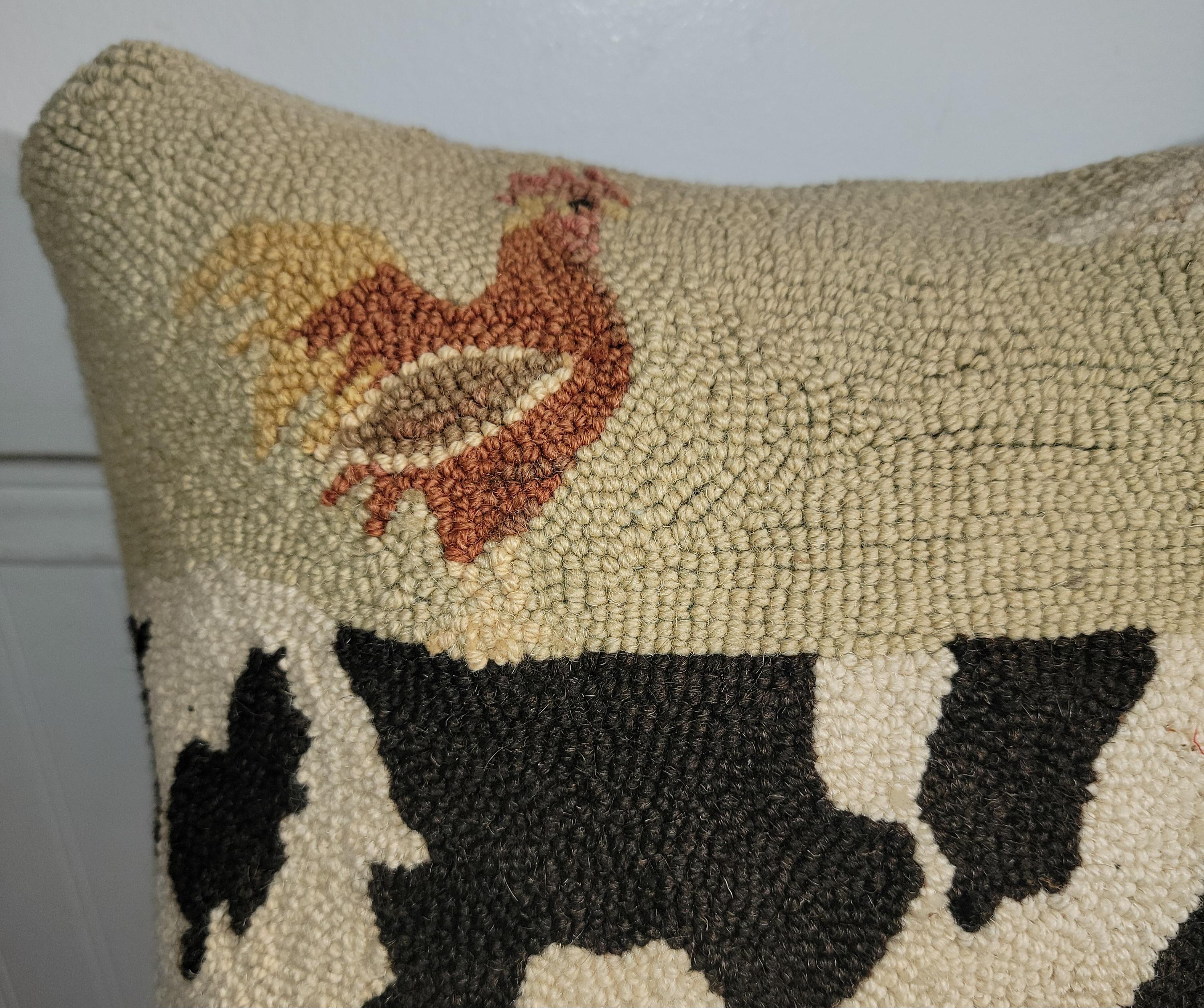 Hand-Crafted Hand Hooked Cow Rug Pillow w/ Leather Backing For Sale