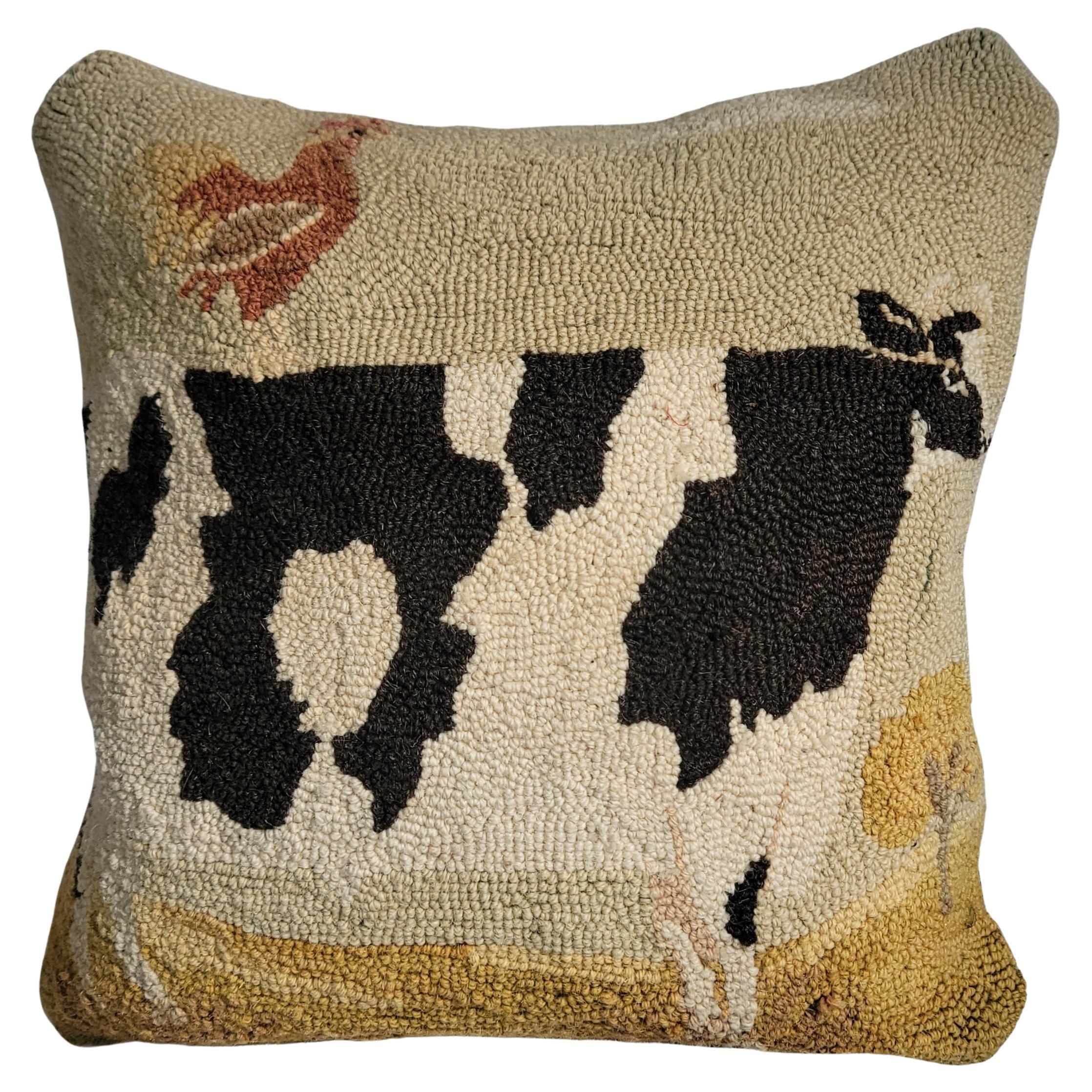 Hand Hooked Cow Rug Pillow w/ Leather Backing For Sale