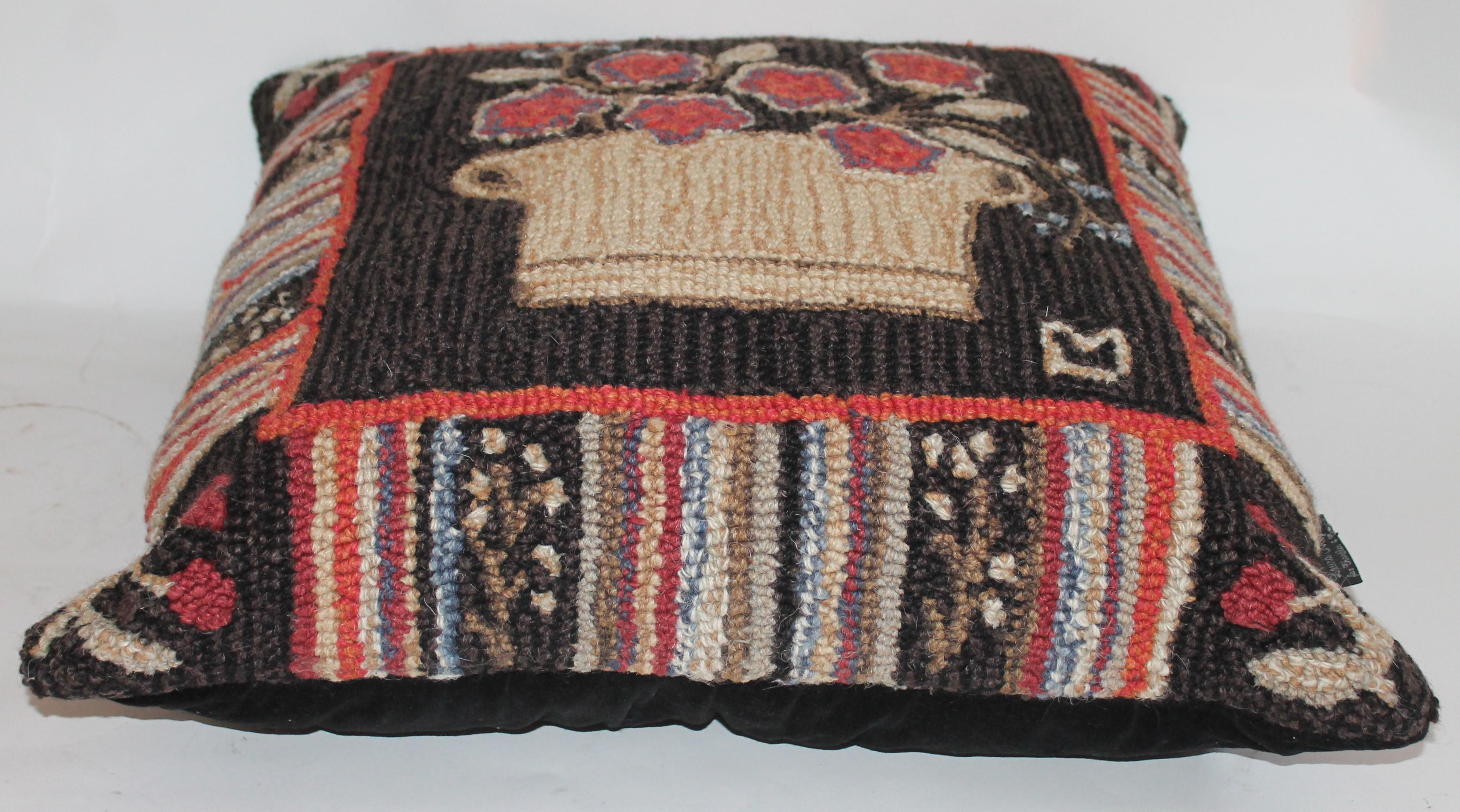 Replica of a 19th century hand woven rug that was sold in a New York auction for $25,000. This item has minor wear and age from use. In great used condition. The backing of this modern Folk Art rug pillow is in velvet.