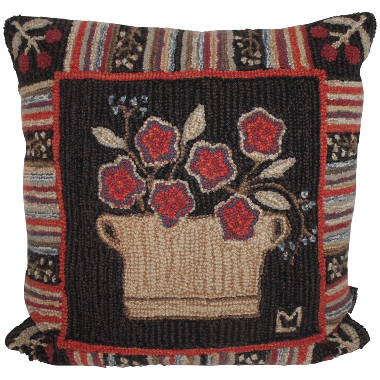 Hand Hooked Folk Art Rug Pillow For Sale At 1stdibs