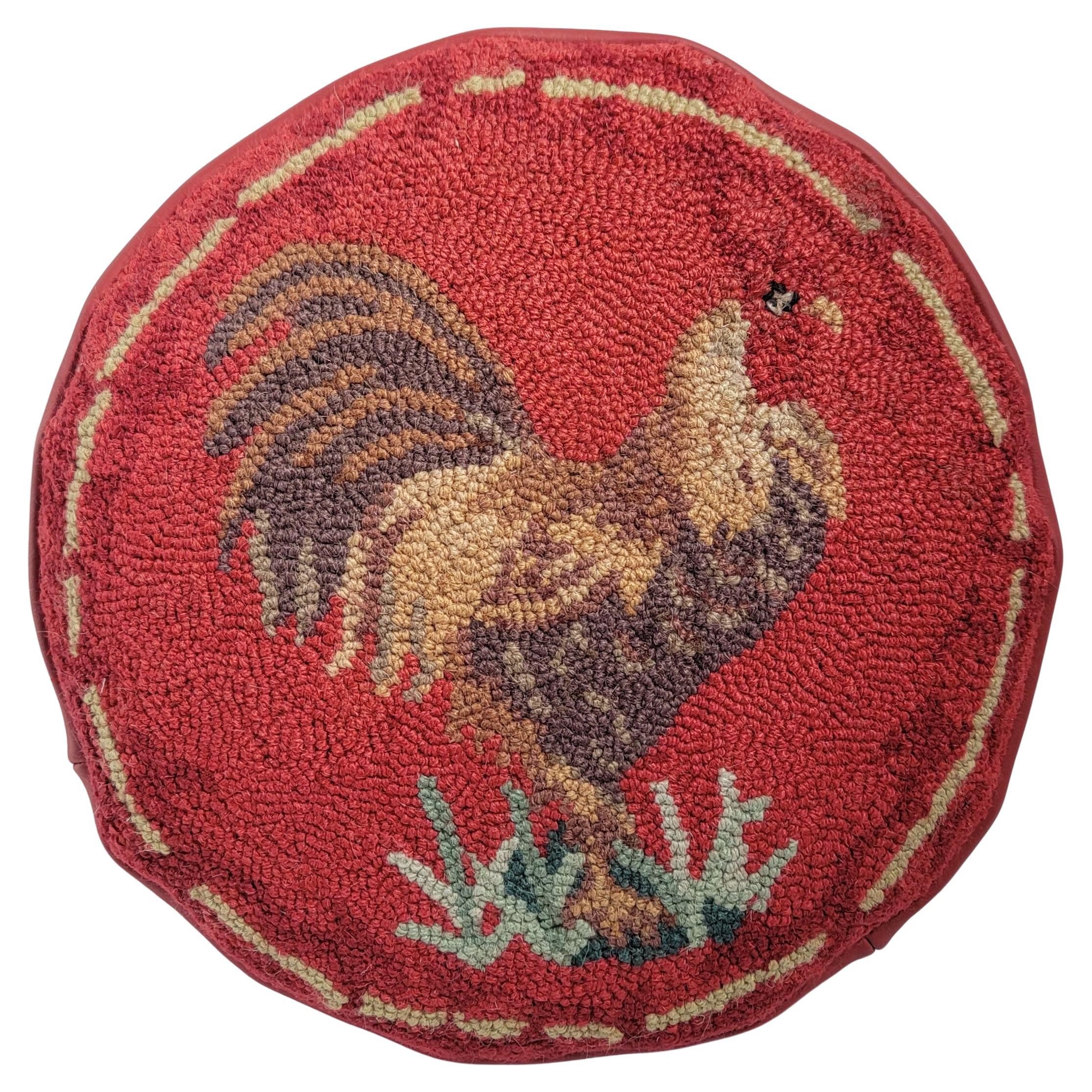 Hand Hooked Rooster with Leather Backing Seat Pad
