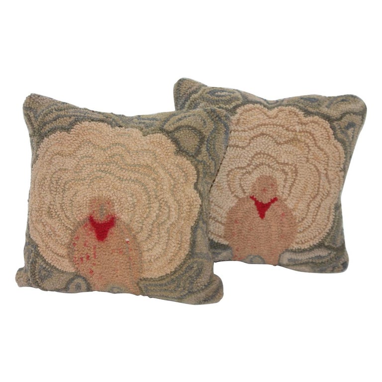 Turkey Hook Rug Hand Hooked Turkey Rug Pillow, Pair For Sale at 1stDibs