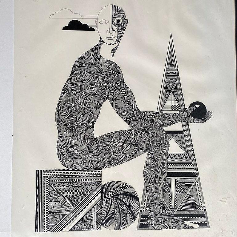 Hand-inked artwork on Paper Surrealist Male Portrait Etching Signed Kea Kreel 1989. The print features an intricate detailed scenic with a man in contemplation against geometric shapes in the background. It comes with its original black wood