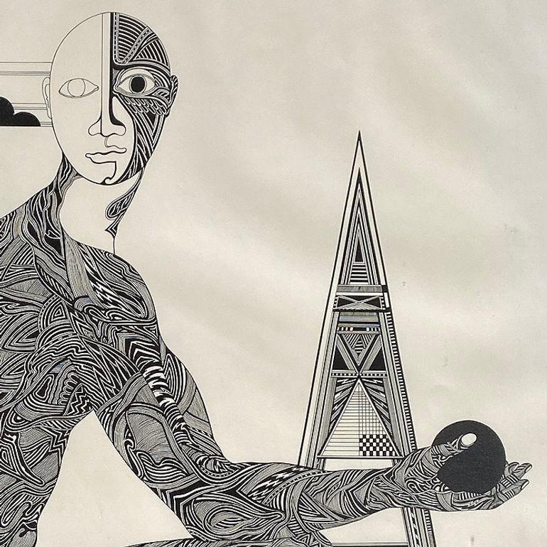 American Hand Inked on Paper Surrealist Male Portrait Drawing Signed Ken Kreel 1989 For Sale