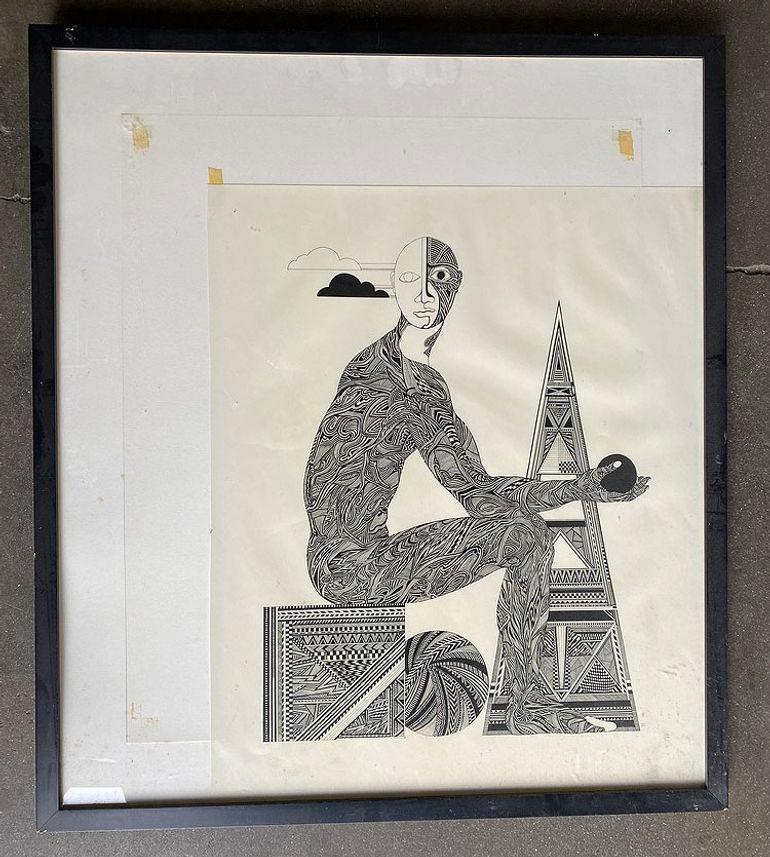 Late 20th Century Hand Inked on Paper Surrealist Male Portrait Drawing Signed Ken Kreel 1989 For Sale
