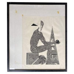 Dessin de portrait masculin surréaliste réalisé à la main et signé Ken Kreel 1989