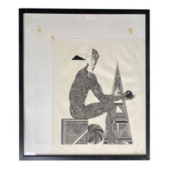 Vintage Hand Inked on Paper Surrealist Male Portrait Drawling Signed Ken Kreel 1989