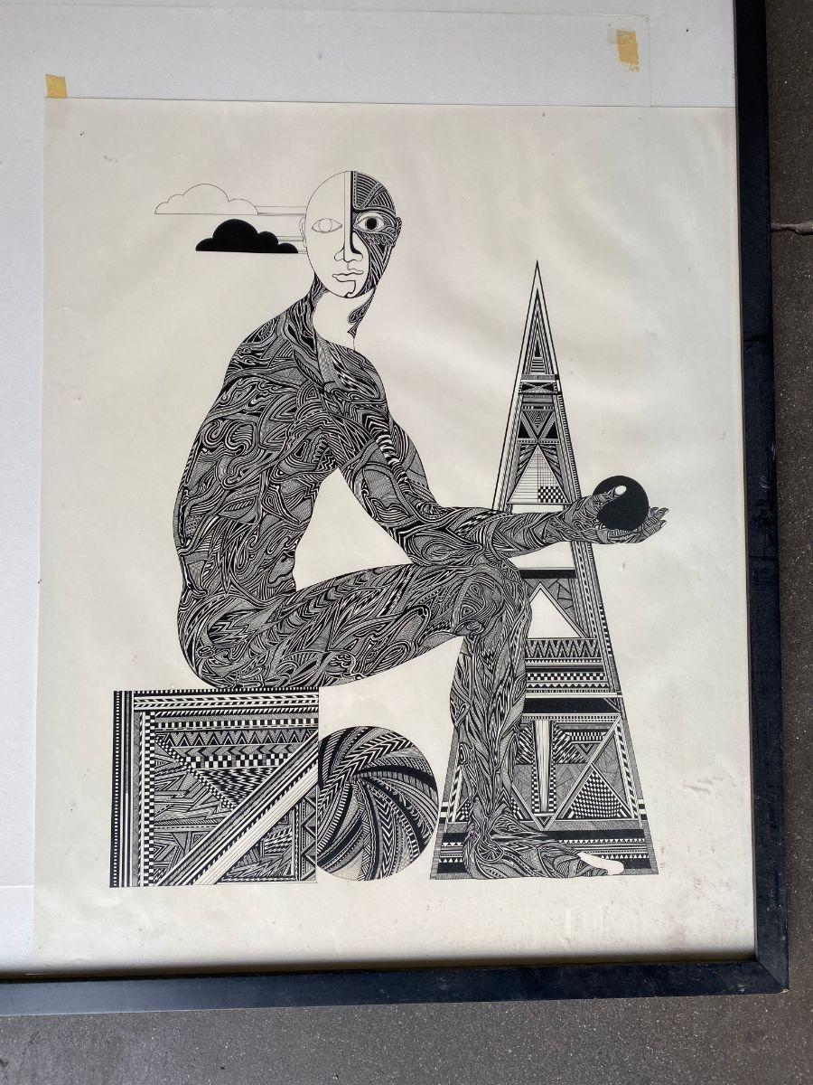 North American Hand Inked on Paper Surrealist Male Portrait Drawling Signed Ken Kreel 1989 For Sale