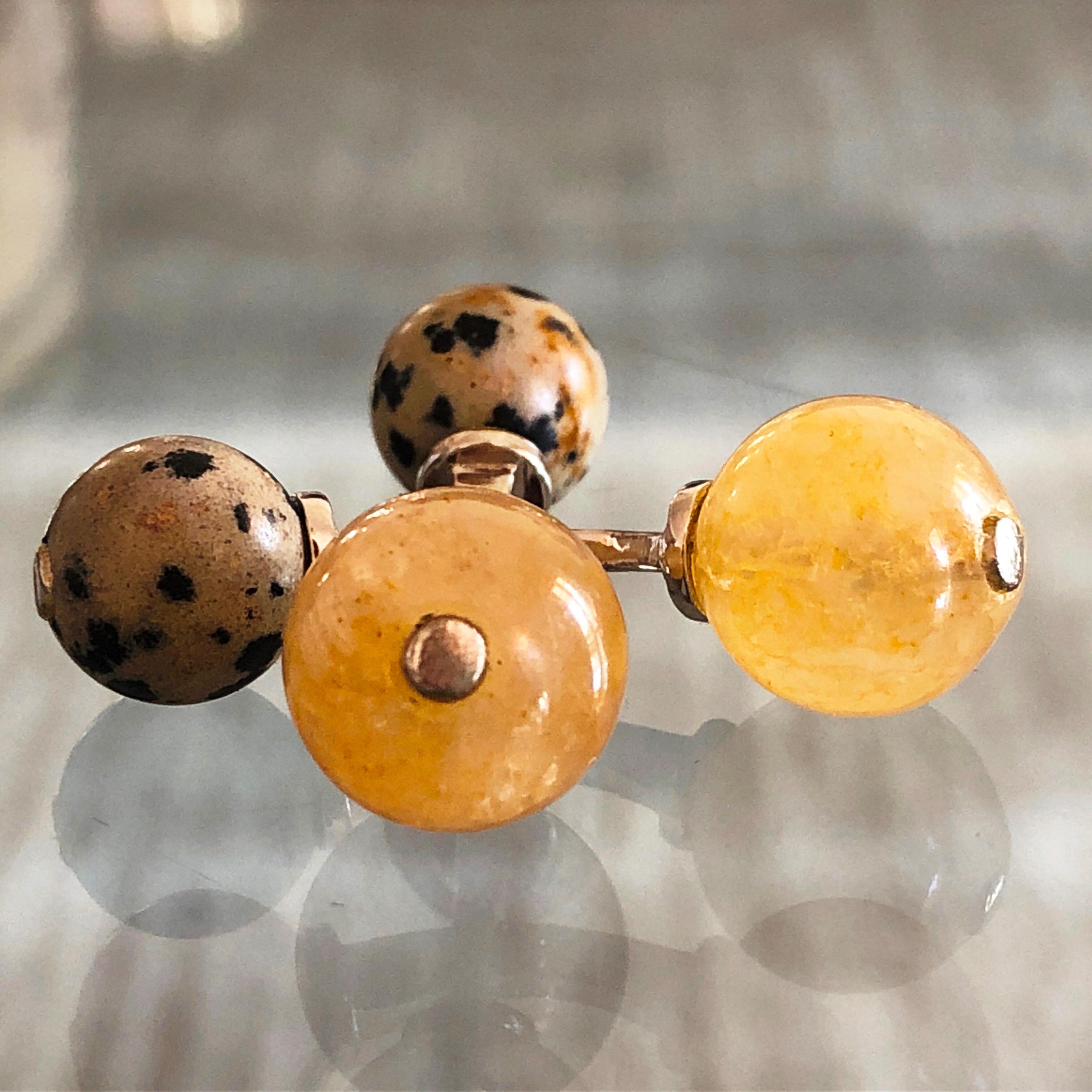 Unique, Chic, Hand Inlaid Natural Light Yellow Agate Dalmatian Jasper Little Ball Sterling Silver Cufflinks.

In our Smart Black Box and Pouch.
