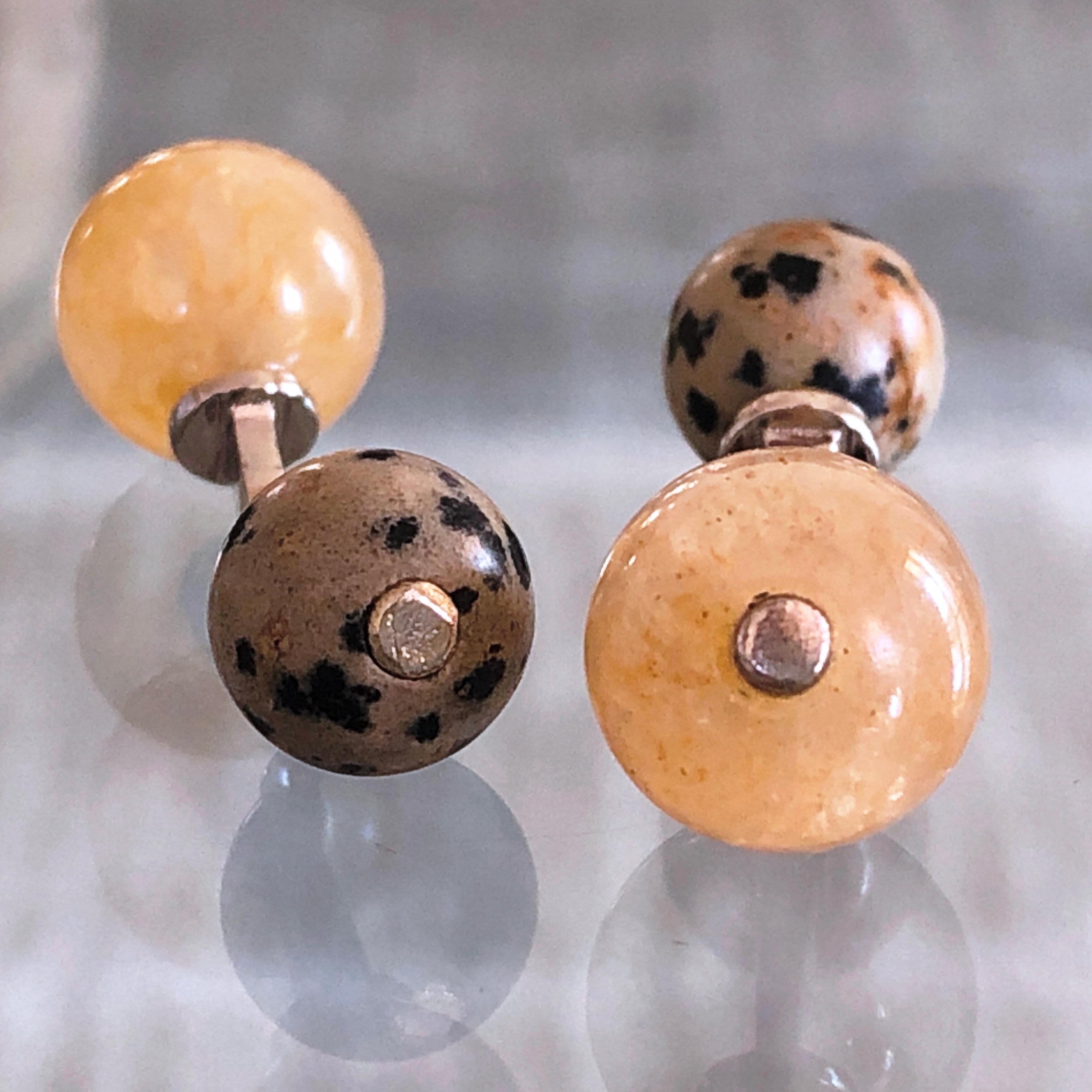 Hand Inlaid Natural Agate Dalmatian Jasper Little Ball Sterling Silver Cufflinks In New Condition In Valenza, IT