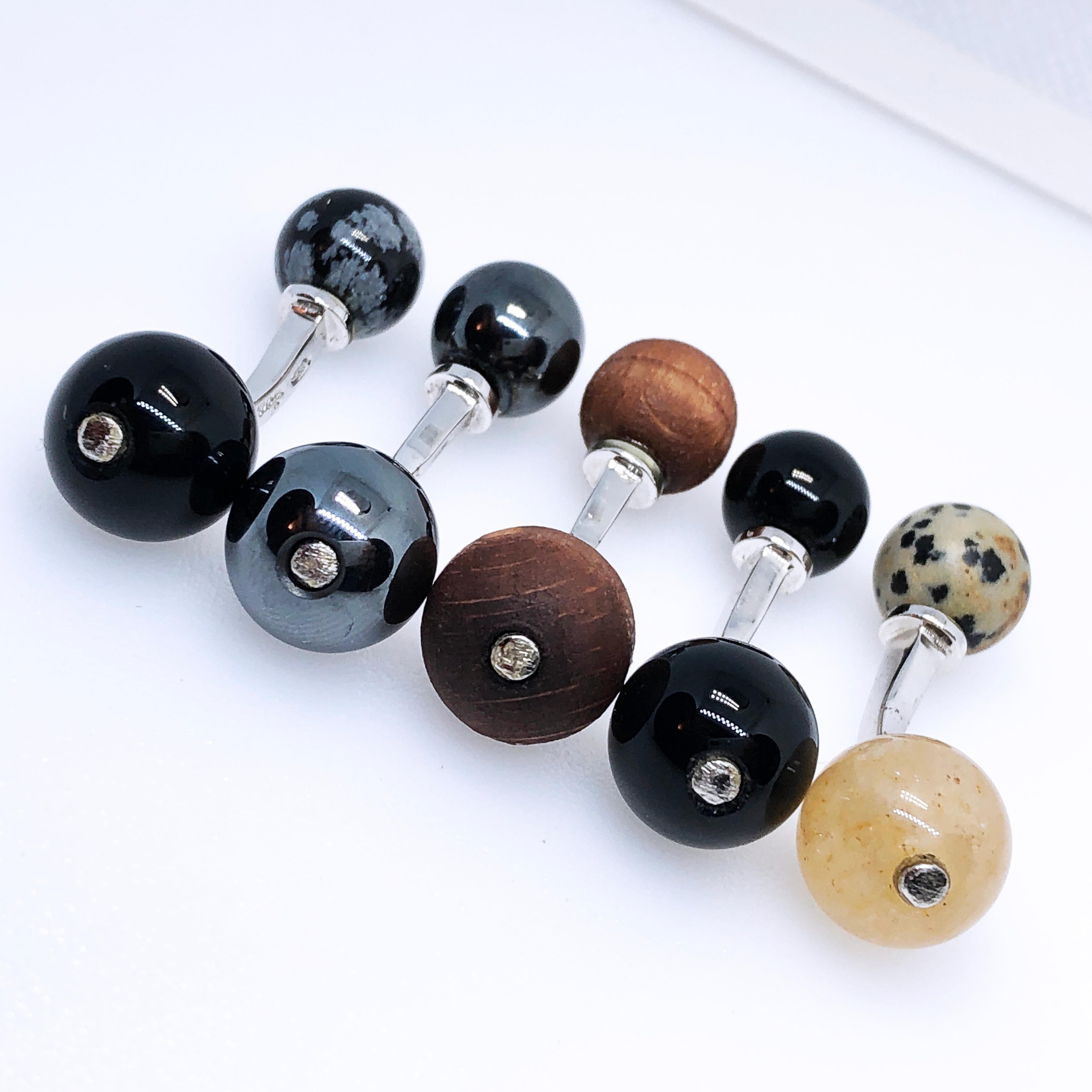Berca Boutons de manchette en argent sterling incrustés à la main en onyx nuageux et onyx Little Ball en vente 5