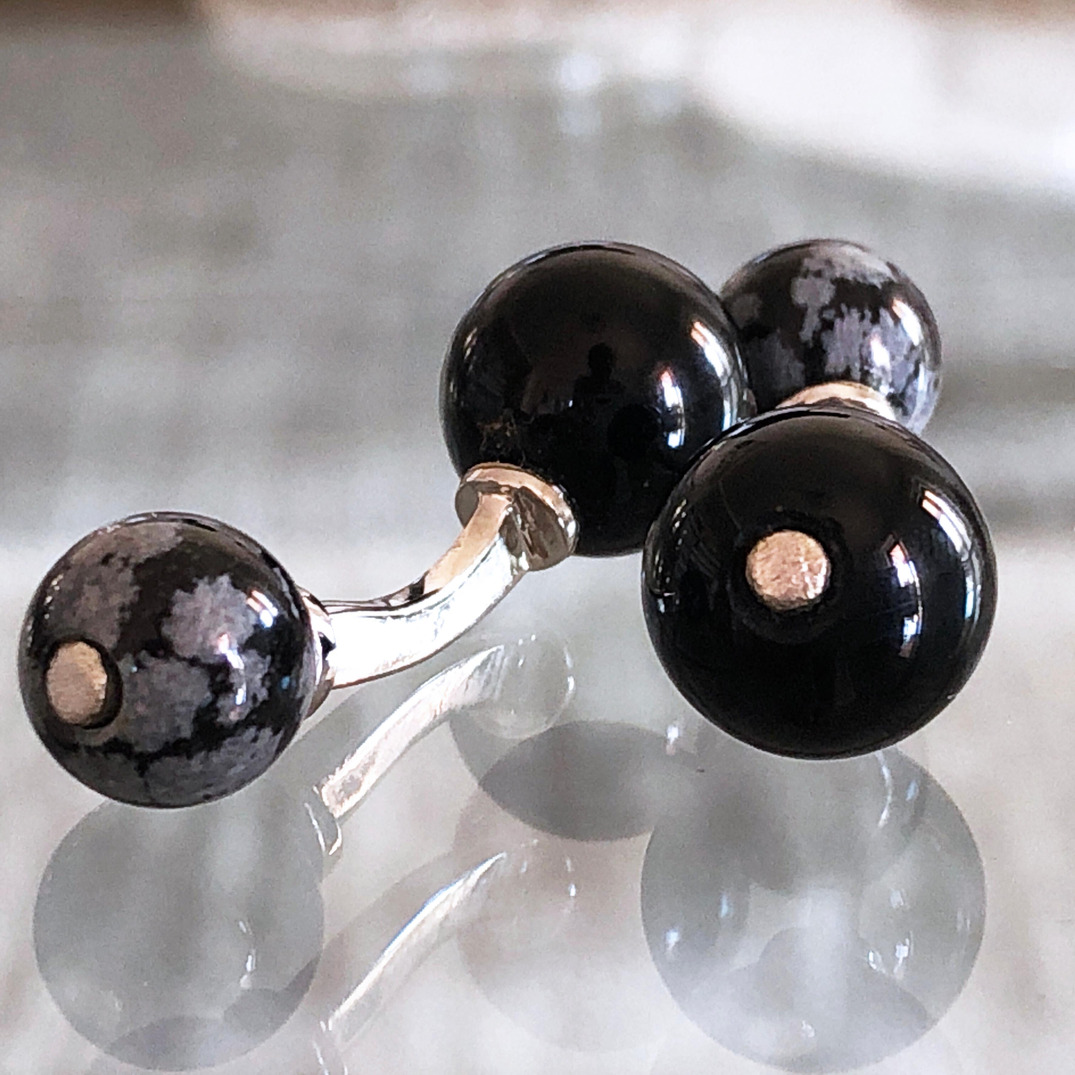 Unique, Chic, Hand Inlaid Natural Onyx and Cloudy Onyx Little Ball Sterling Silver Cufflinks.

In our Smart Black Box and Pouch.
