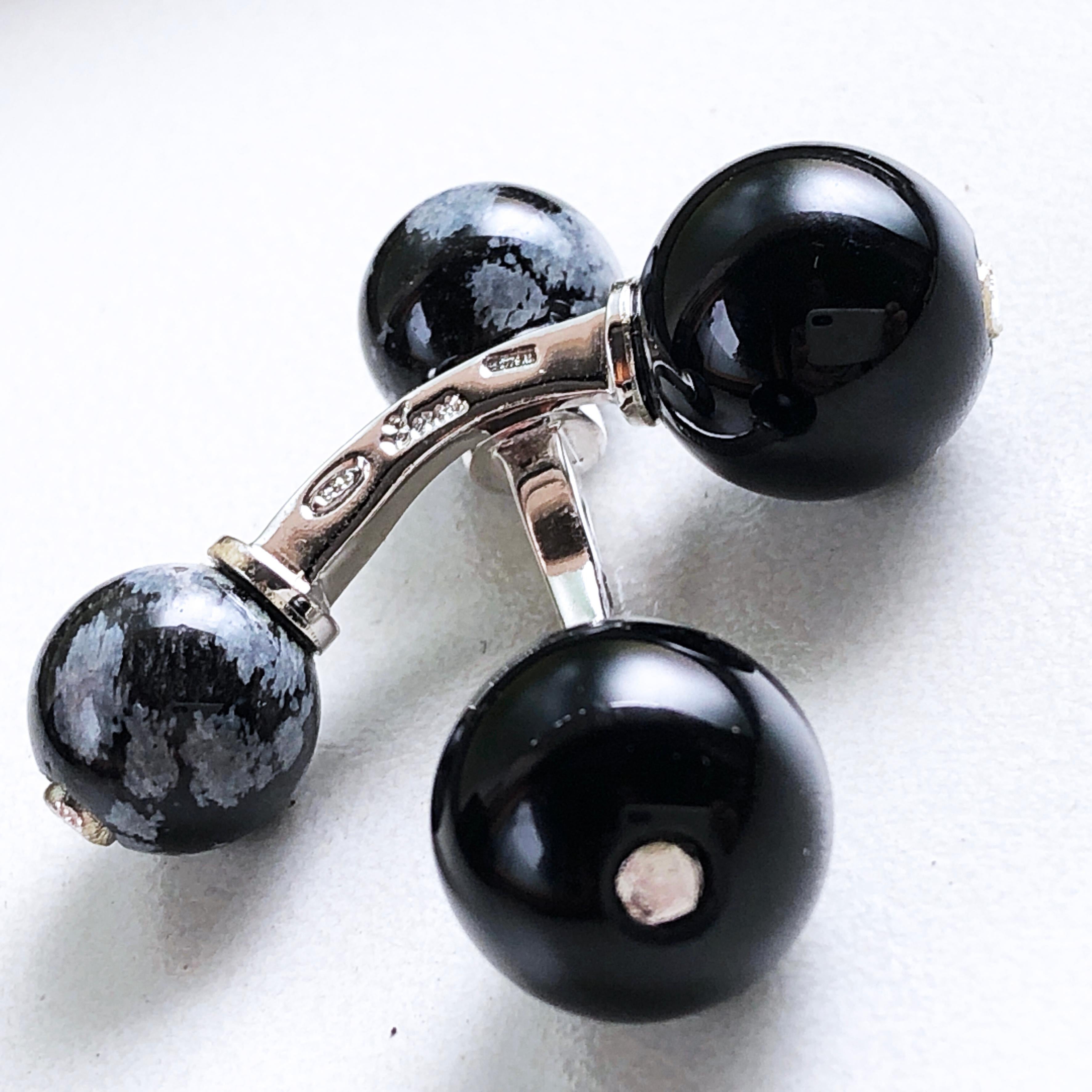 Contemporary Berca Hand Inlaid Cloudy Onyx and Onyx Little Ball Sterling Silver Cufflinks For Sale