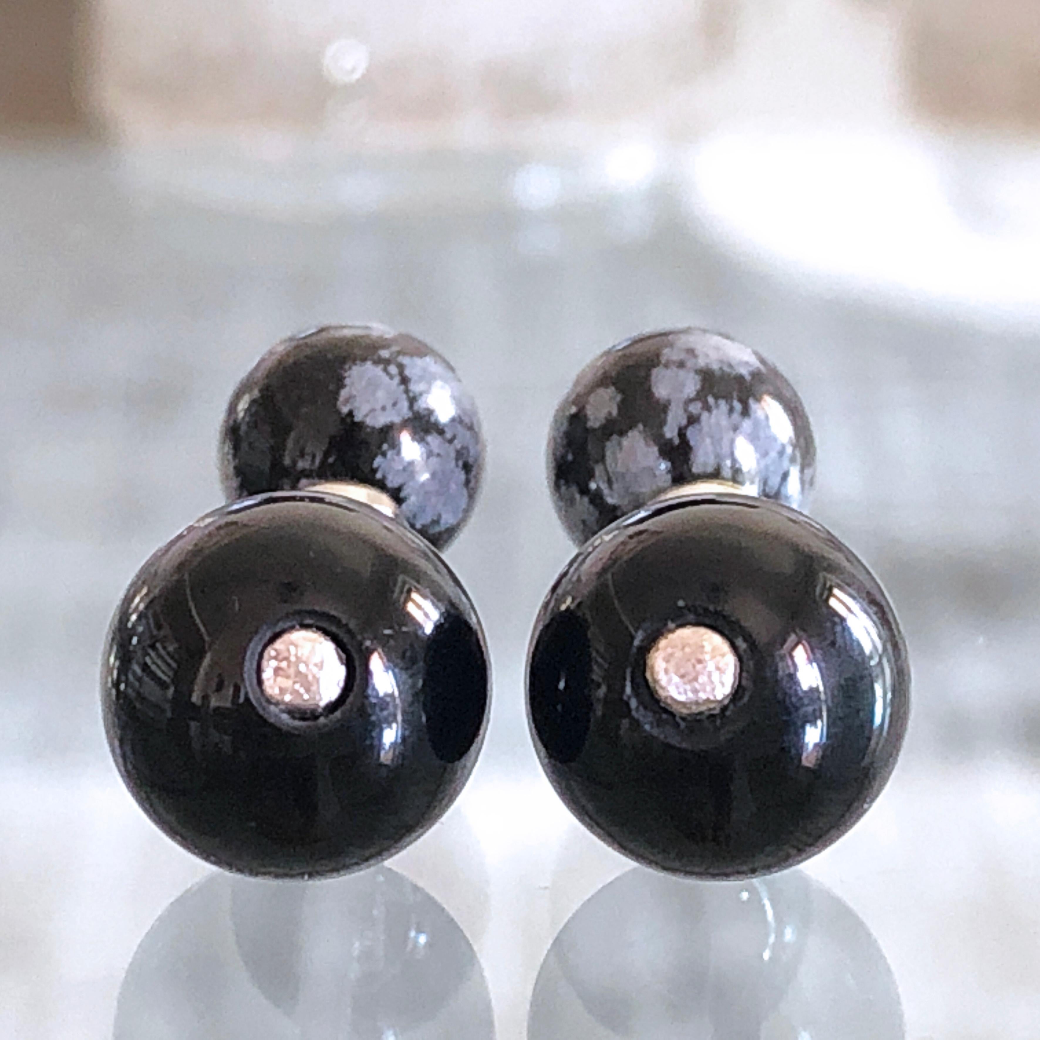 Ball Cut Berca Hand Inlaid Cloudy Onyx and Onyx Little Ball Sterling Silver Cufflinks For Sale