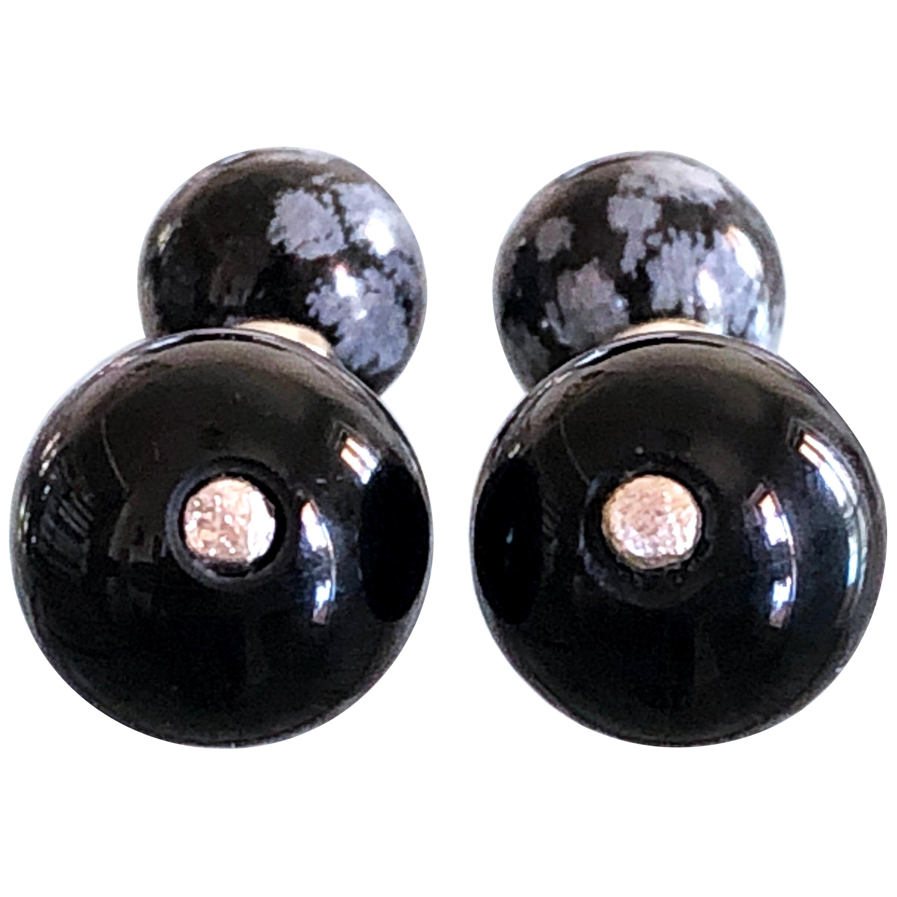 Berca Hand Inlaid Cloudy Onyx and Onyx Little Ball Sterling Silver Cufflinks