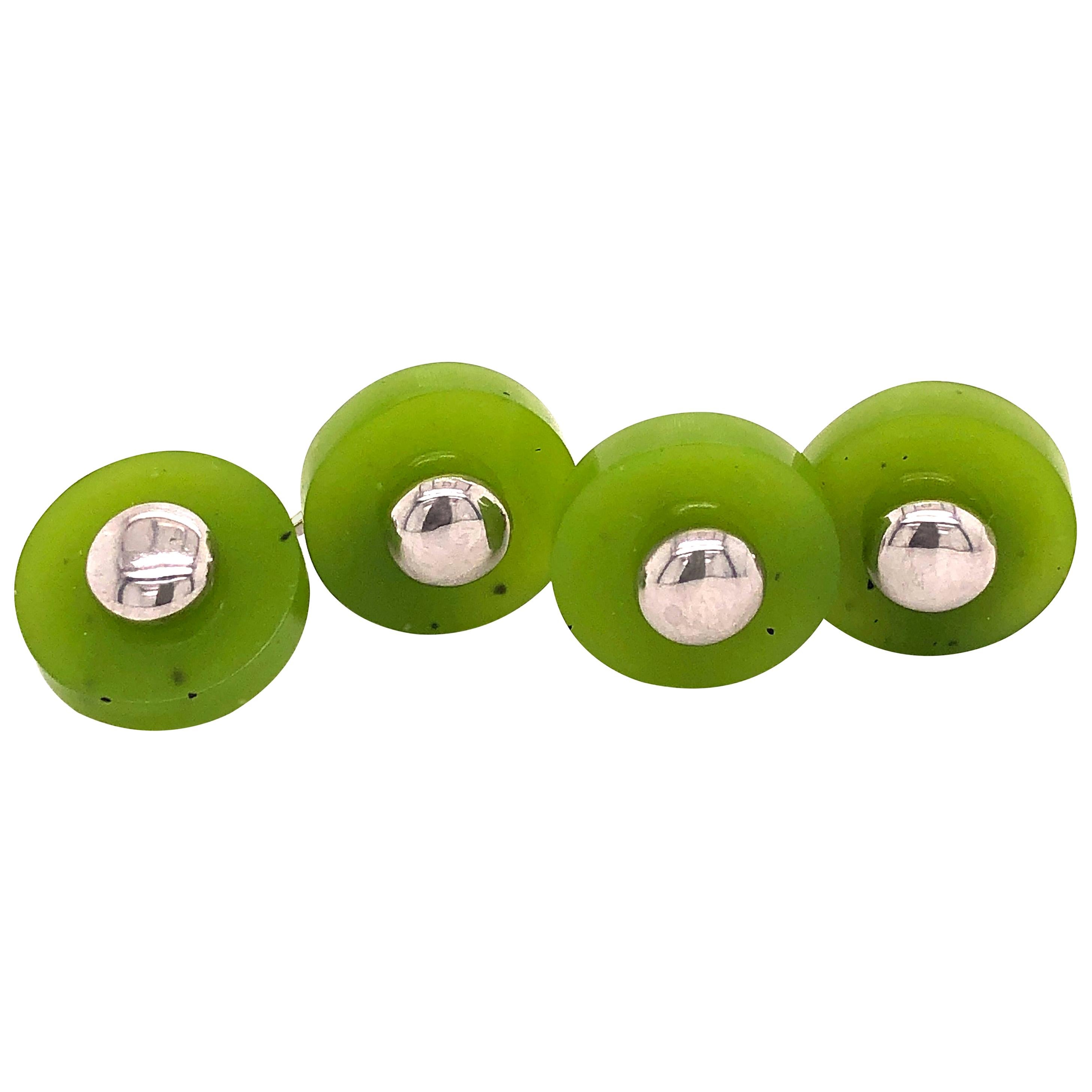 Berca Hand Inlaid Natural Round Green Jade Disk Sterling Silver Cufflinks For Sale