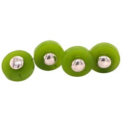 Berca Hand Inlaid Natural Round Green Jade Disk Sterling Silver Cufflinks