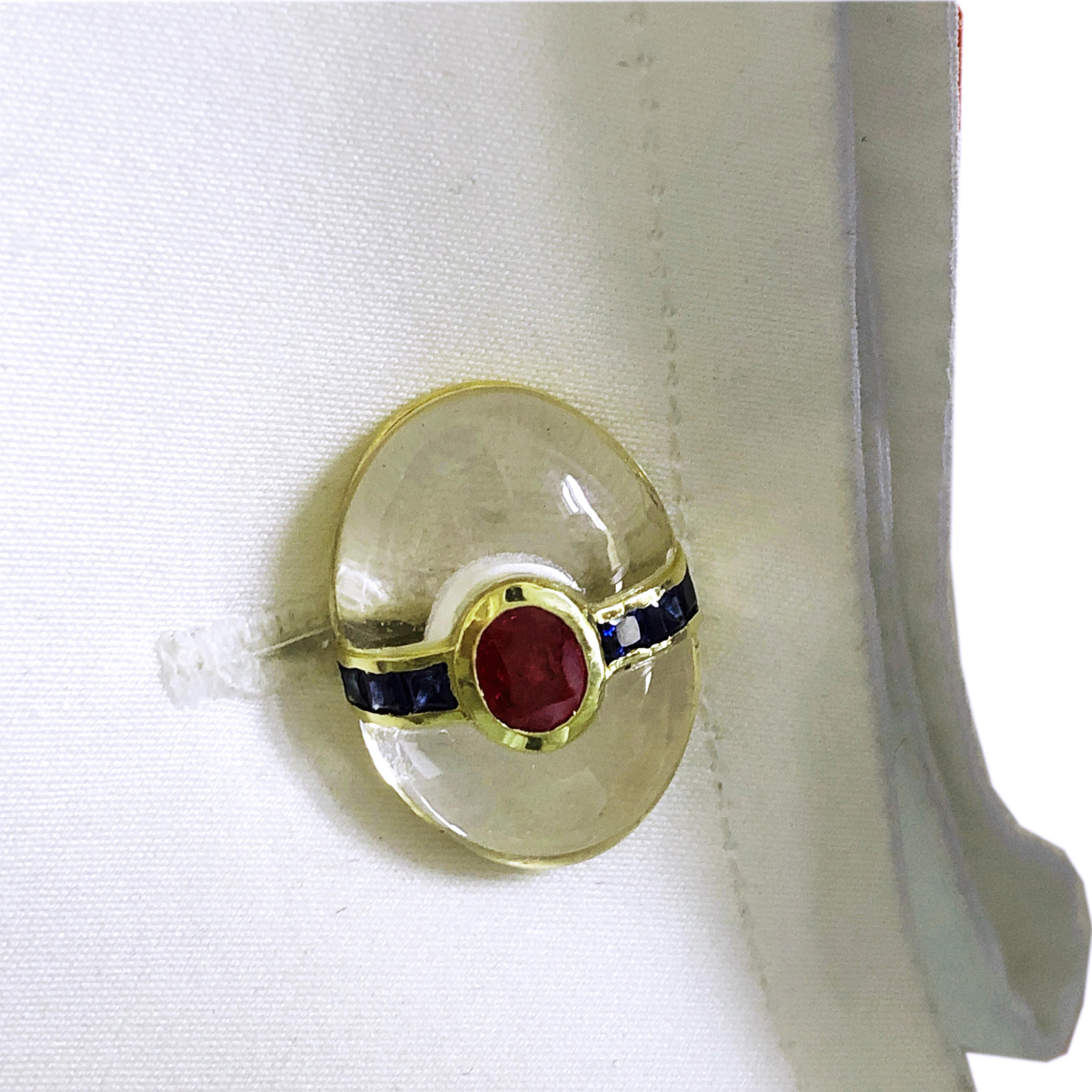 Berca Oval Rock Crystal Square Cut Sapphire Oval Ruby 18 Karat Gold Cufflinks 10