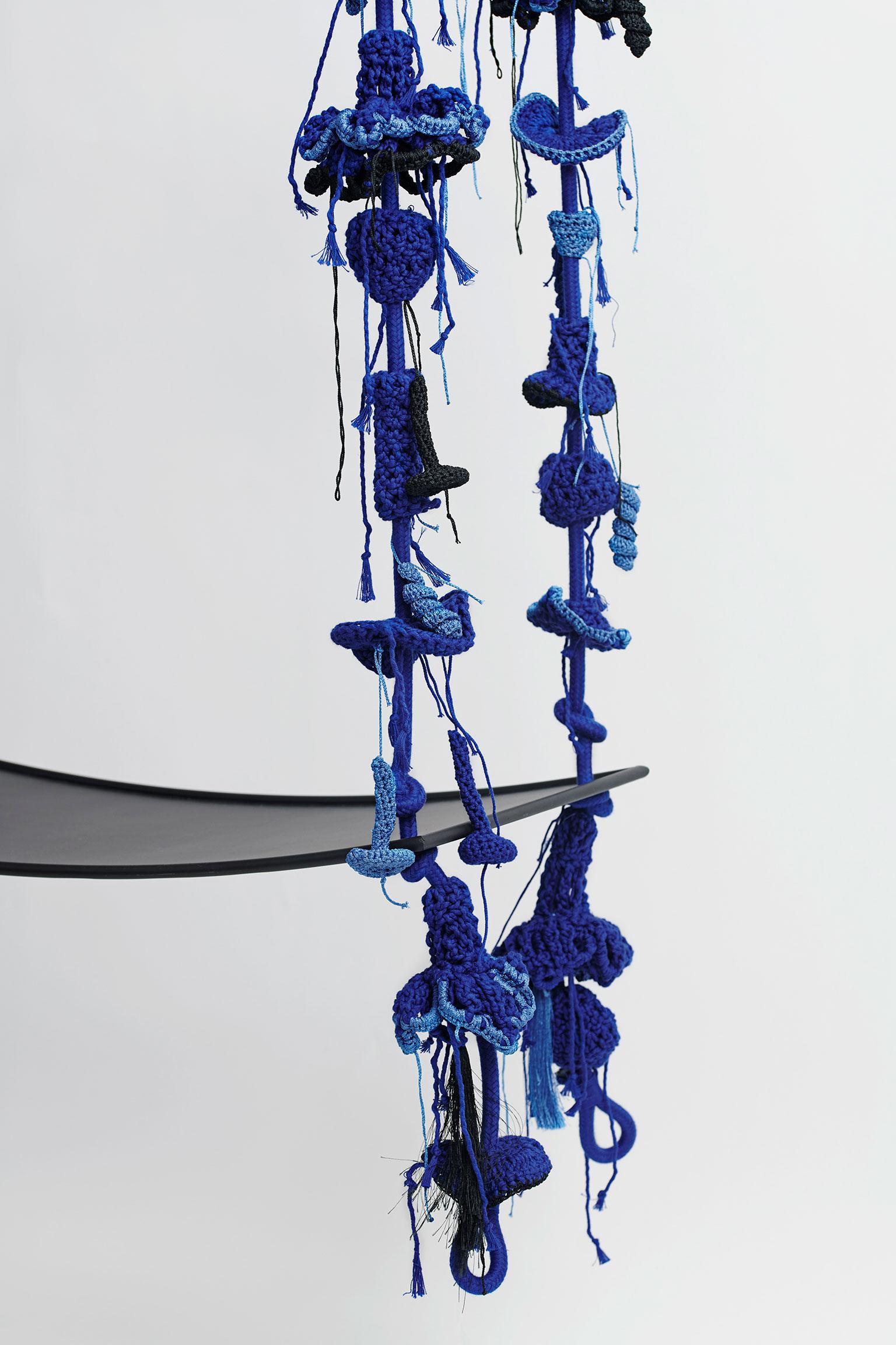 Israeli Blue Textile Swing Handmade Crochet in Cotton & Polyester with Matte Iron Seat