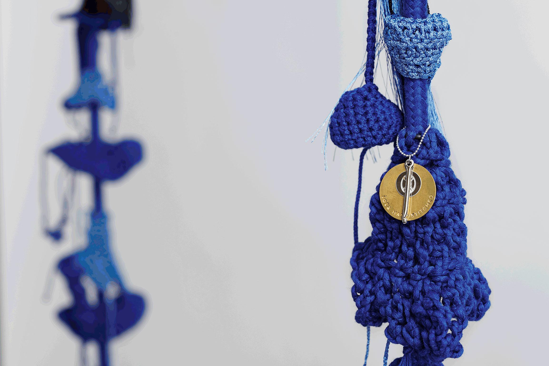 Blue Textile Swing Handmade Crochet in Cotton & Polyester with Matte Iron Seat In New Condition In Tel Aviv, IL