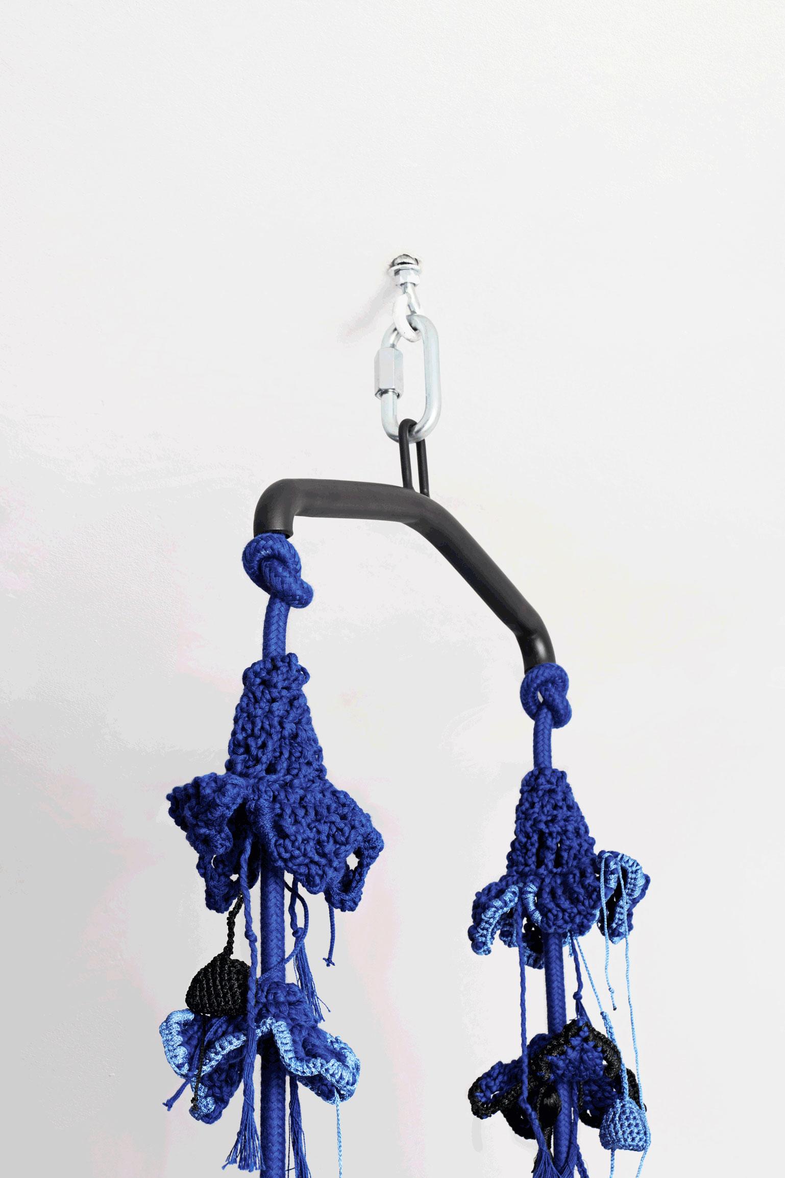 Contemporary Blue Textile Swing Handmade Crochet in Cotton & Polyester with Matte Iron Seat