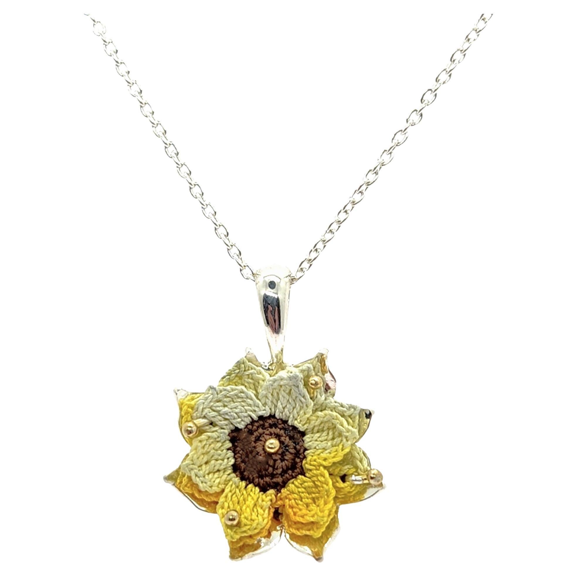 Hand Knit Flower Necklace in Handmade Sterling Silver and 14KY Gold Setting #1 For Sale