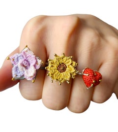 Hand Knit Pink Flower Set in a Handmade Sterling Silver and 14K Gold Bead Ring