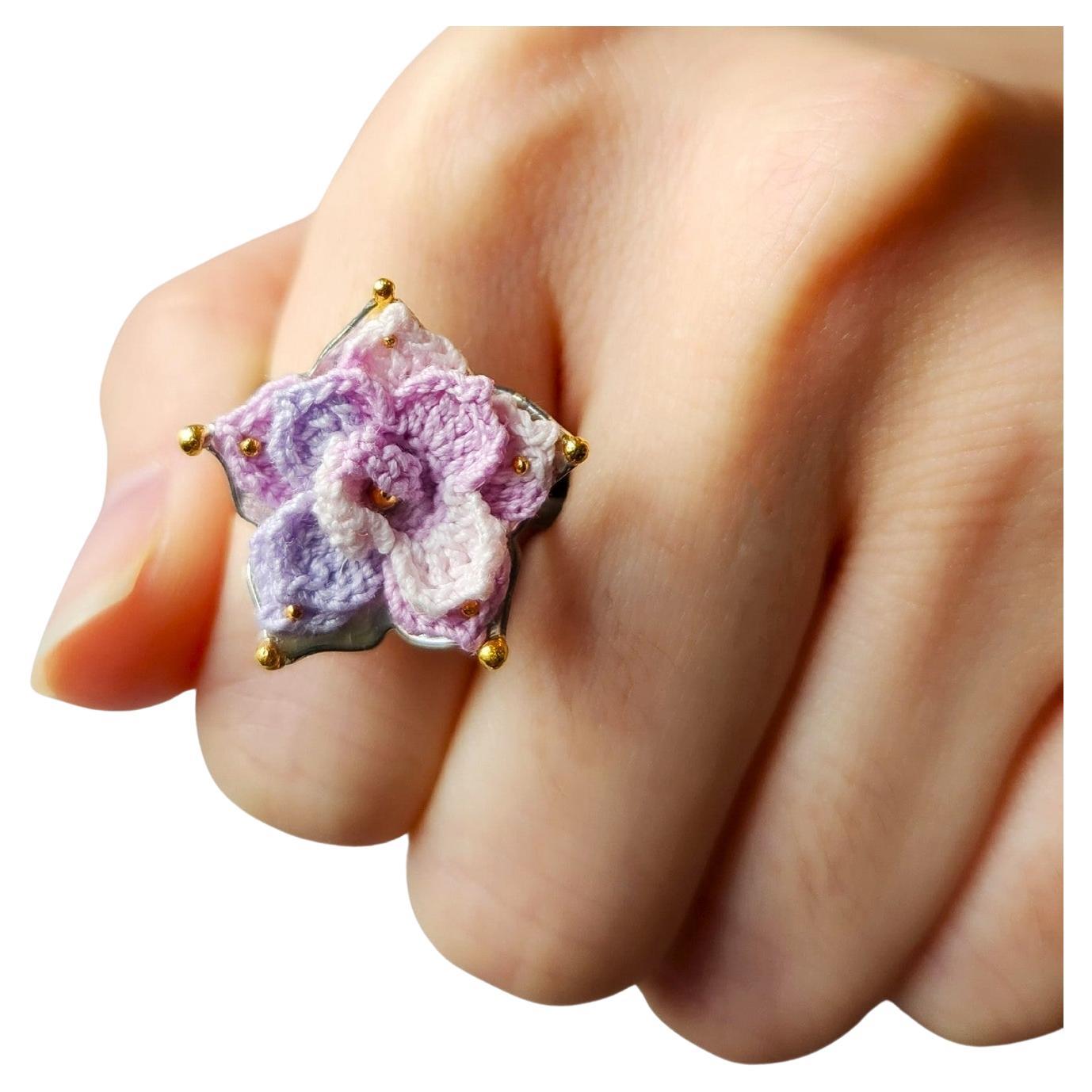 Hand Knit Pink Flower Set in a Handmade Sterling Silver and 14K Gold Bead Ring For Sale