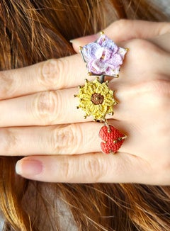 Hand Knit Red Puffed Heart Ring in Sterling Silver and 14K Gold Beads