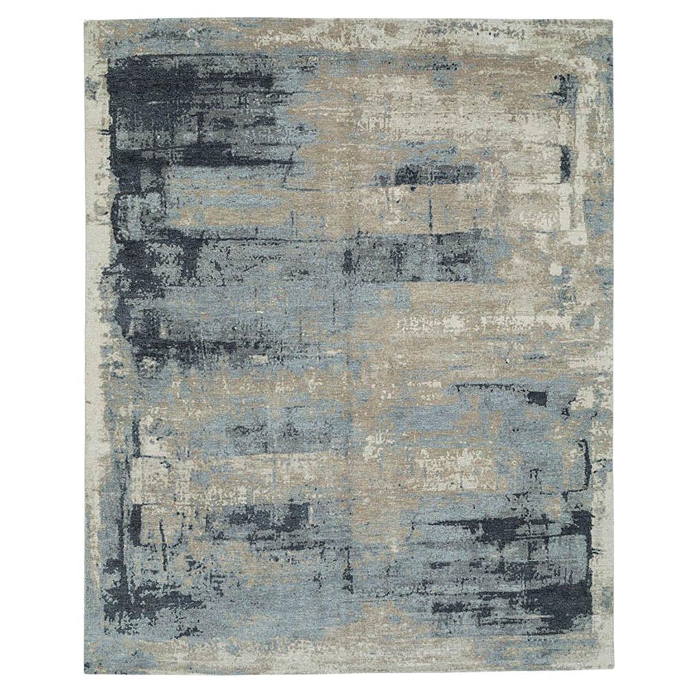 Hand-Knotted 100 % Wool Abstract Art Tan Grey Rug - 8'x10' For Sale