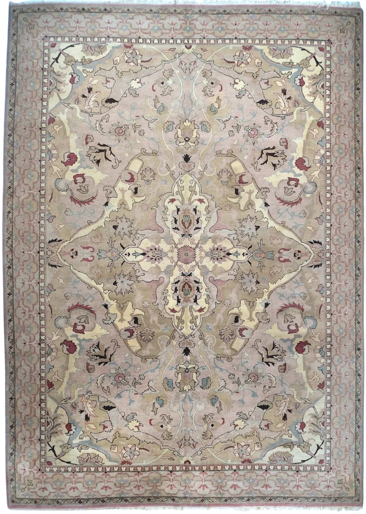 Hand-Knotted 10x14 Agra Wool Rug Blush Beige Floral Medallion Carpet