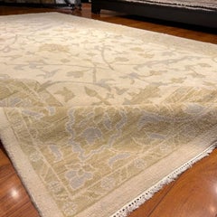 Hand-Knotted 10x14 Oushak Wool Rug Ivory Gold Blue Floral Area Carpet