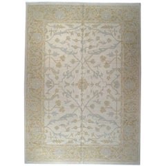 Hand-Knotted 10x14 Oushak Wool Rug Ivory Gold Blue Floral Area Carpet