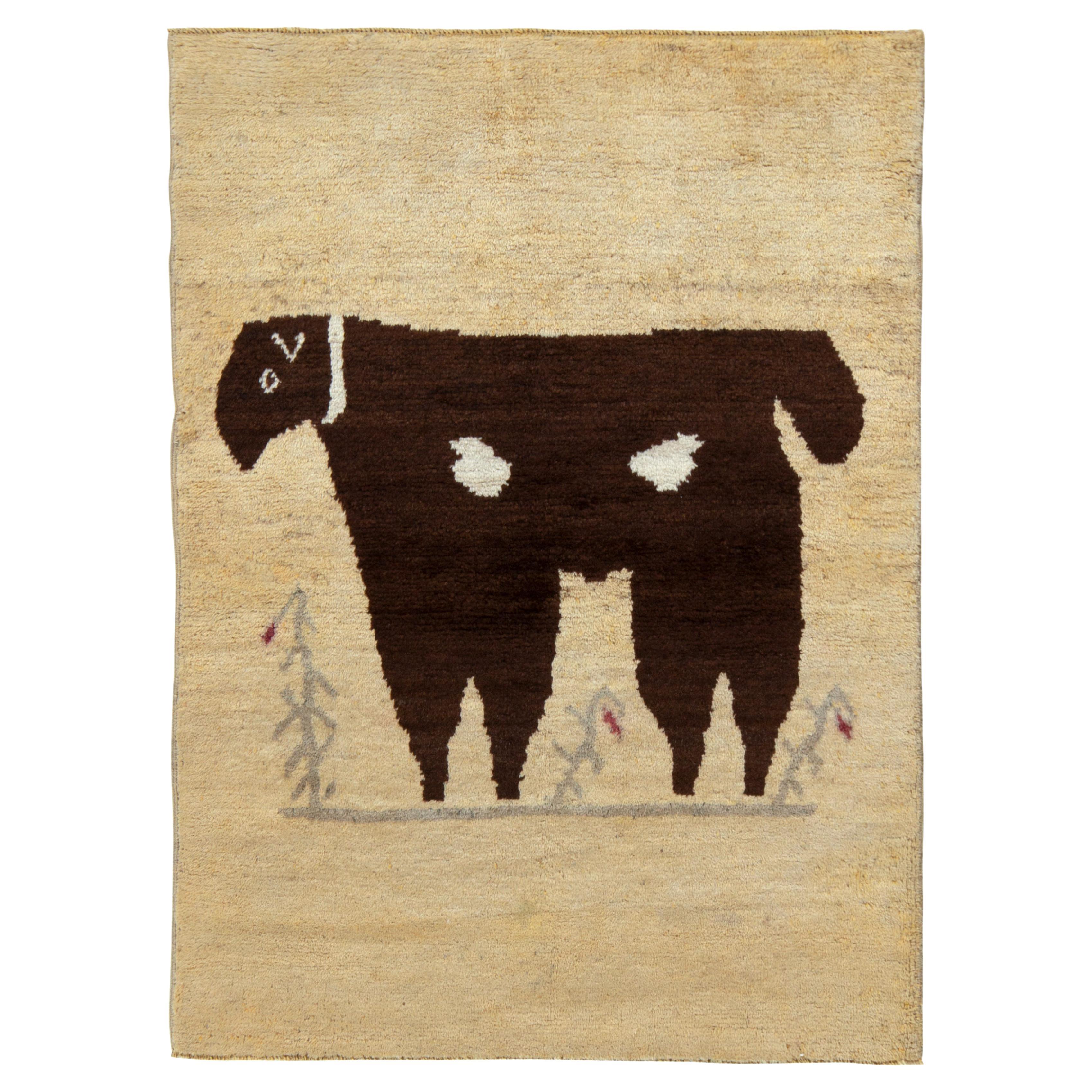 Hand-Knotted 1950s Vintage Pictorial Rug, Beige Cattle Motif by Rug & Kilim For Sale