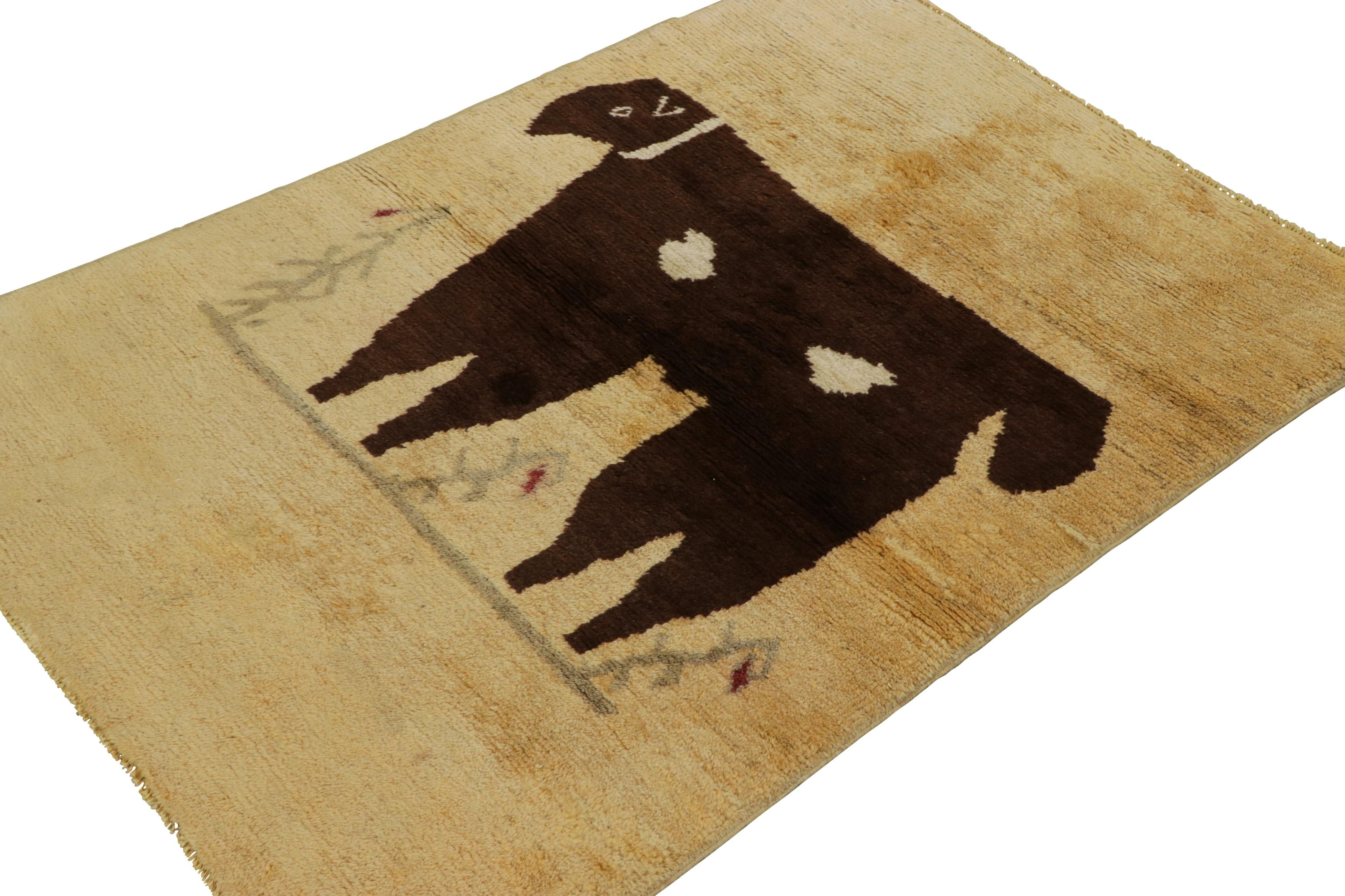 Hand-Knotted Vintage Turkish Rug in Beige-Cream with Brown Animal Pictorial  - Rug & Kilim For Sale