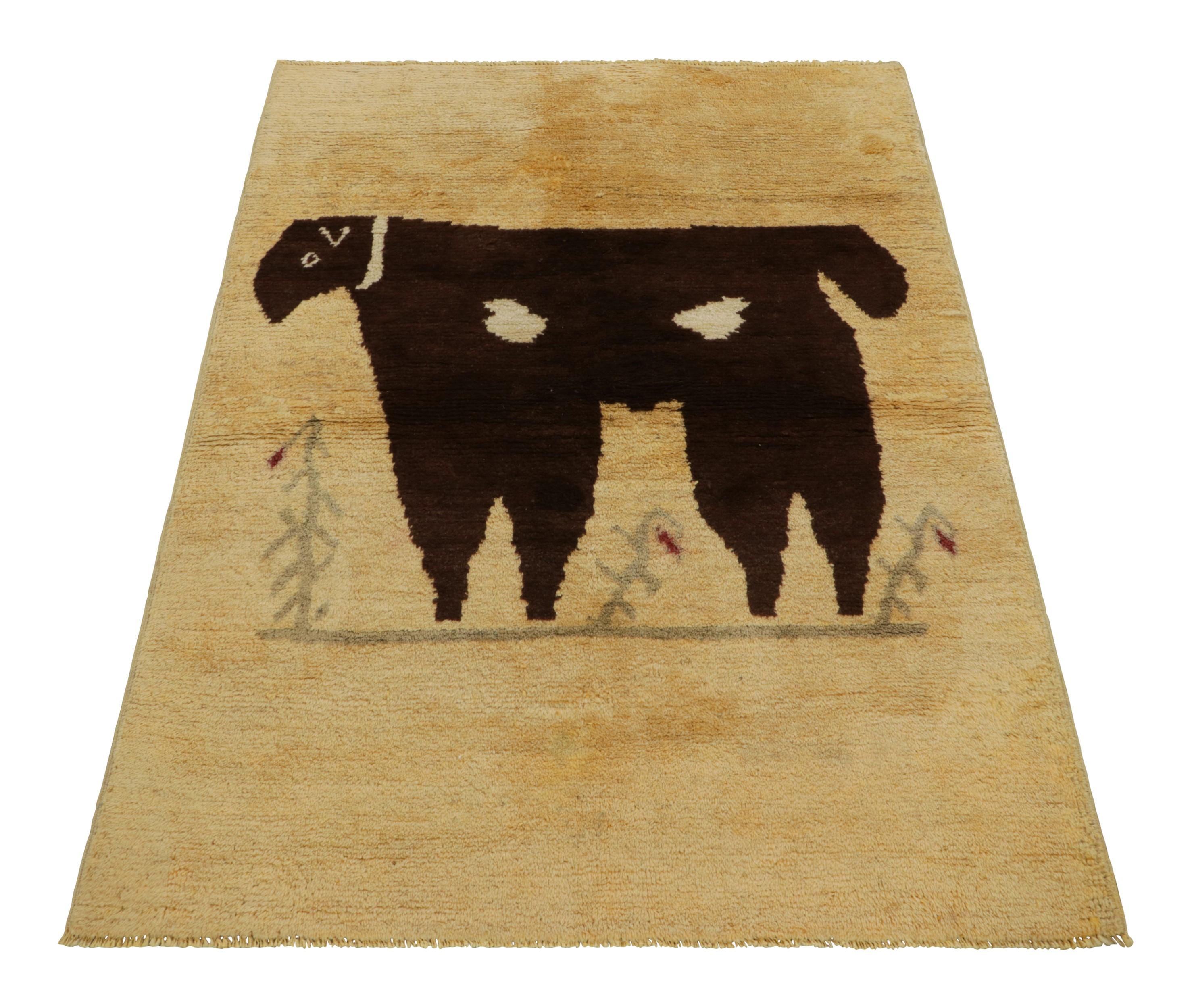 Vintage Turkish Rug in Beige-Cream with Brown Animal Pictorial  - Rug & Kilim In Good Condition For Sale In Long Island City, NY