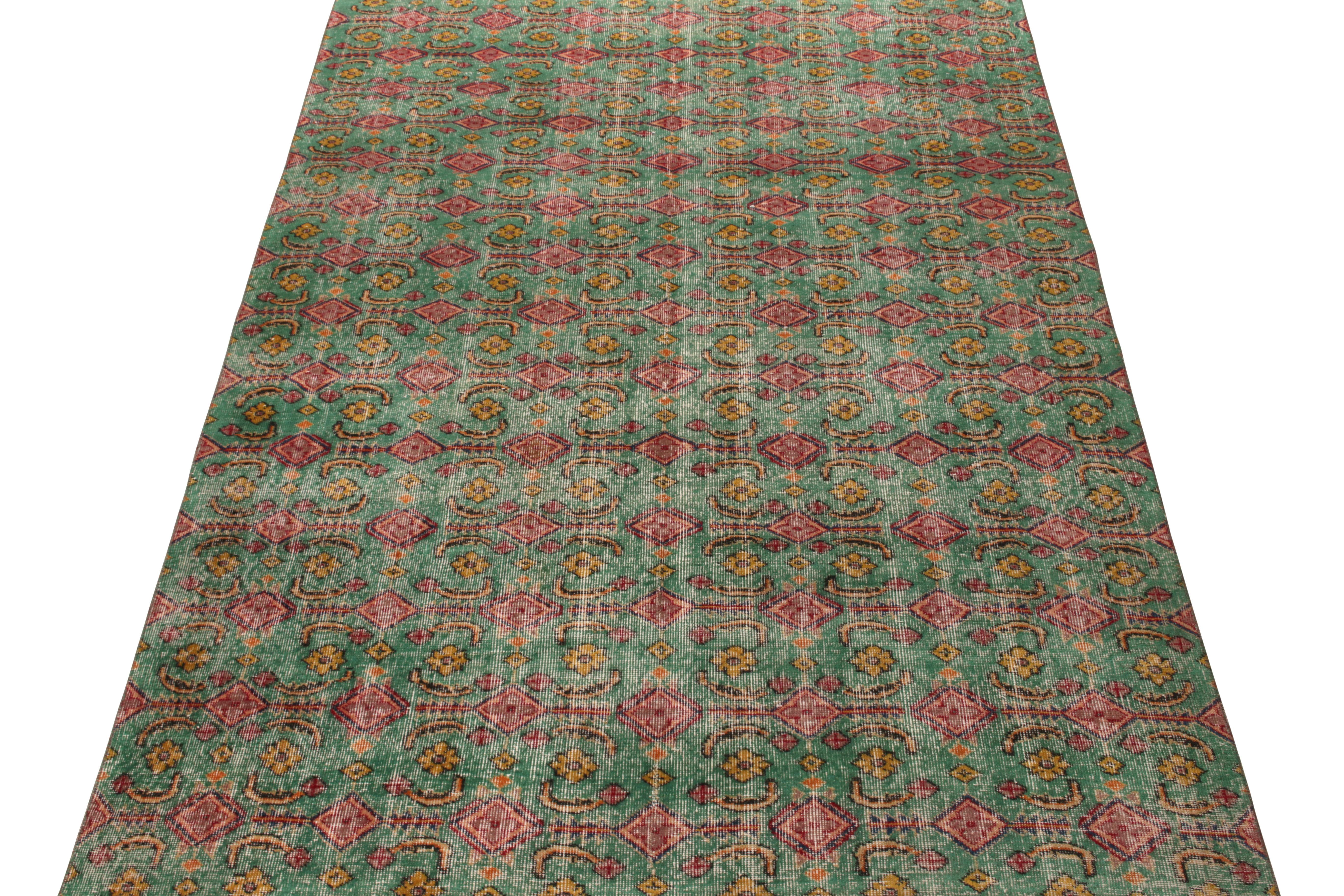 A vintage 6x9 distressed Art Deco rug, hand-knotted in wool circa 1960-1970. Joining Rug & Kilim’s Mid-Century Pasha Collection, commemorating a renowned Turkish multidisciplinary artist of the period known for these low-sheared pile, distressed