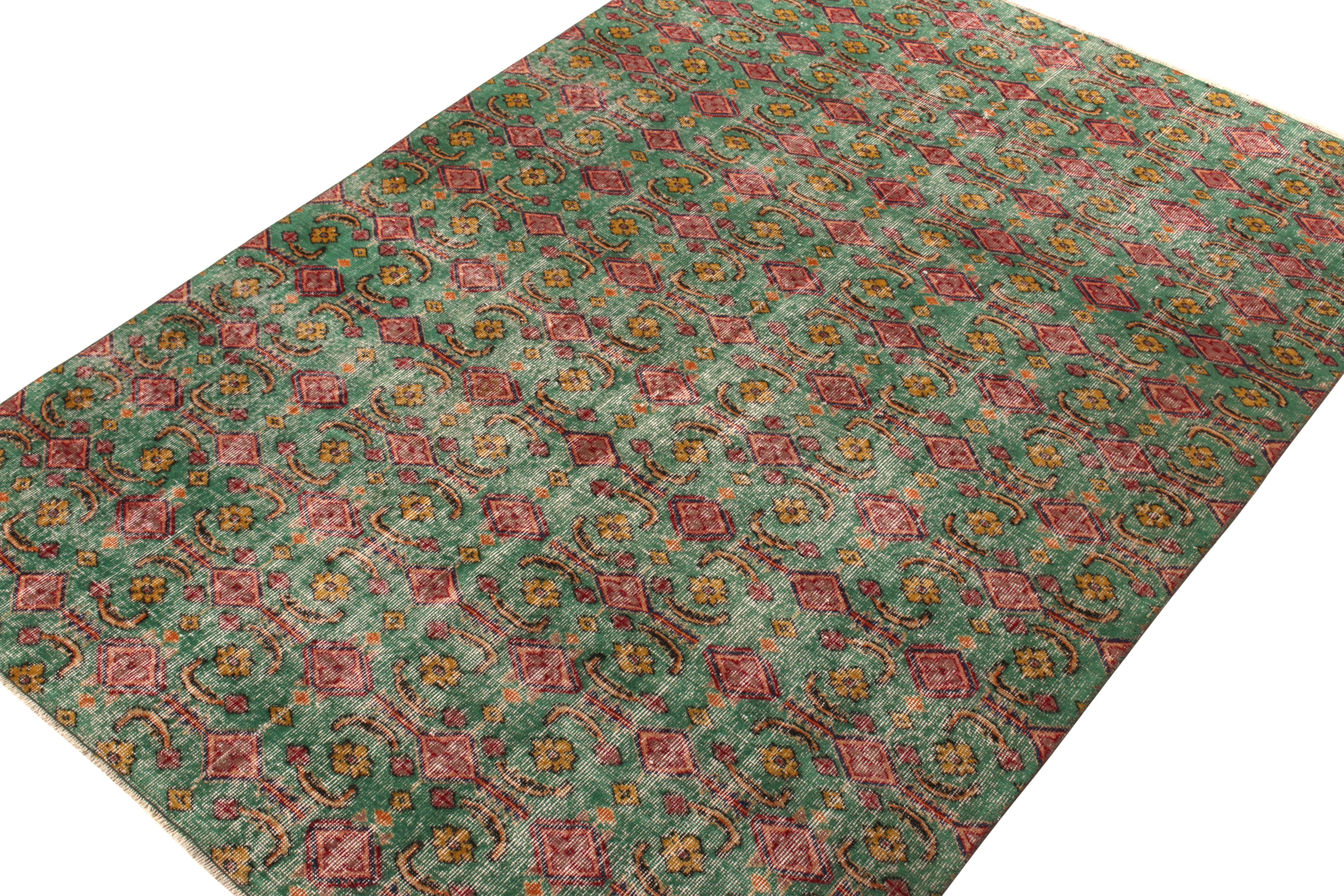 Mid-Century Modern 1960s Distressed Art Deco Rug in Green, Pink, Gold Floral Pattern by Rug & Kilim For Sale