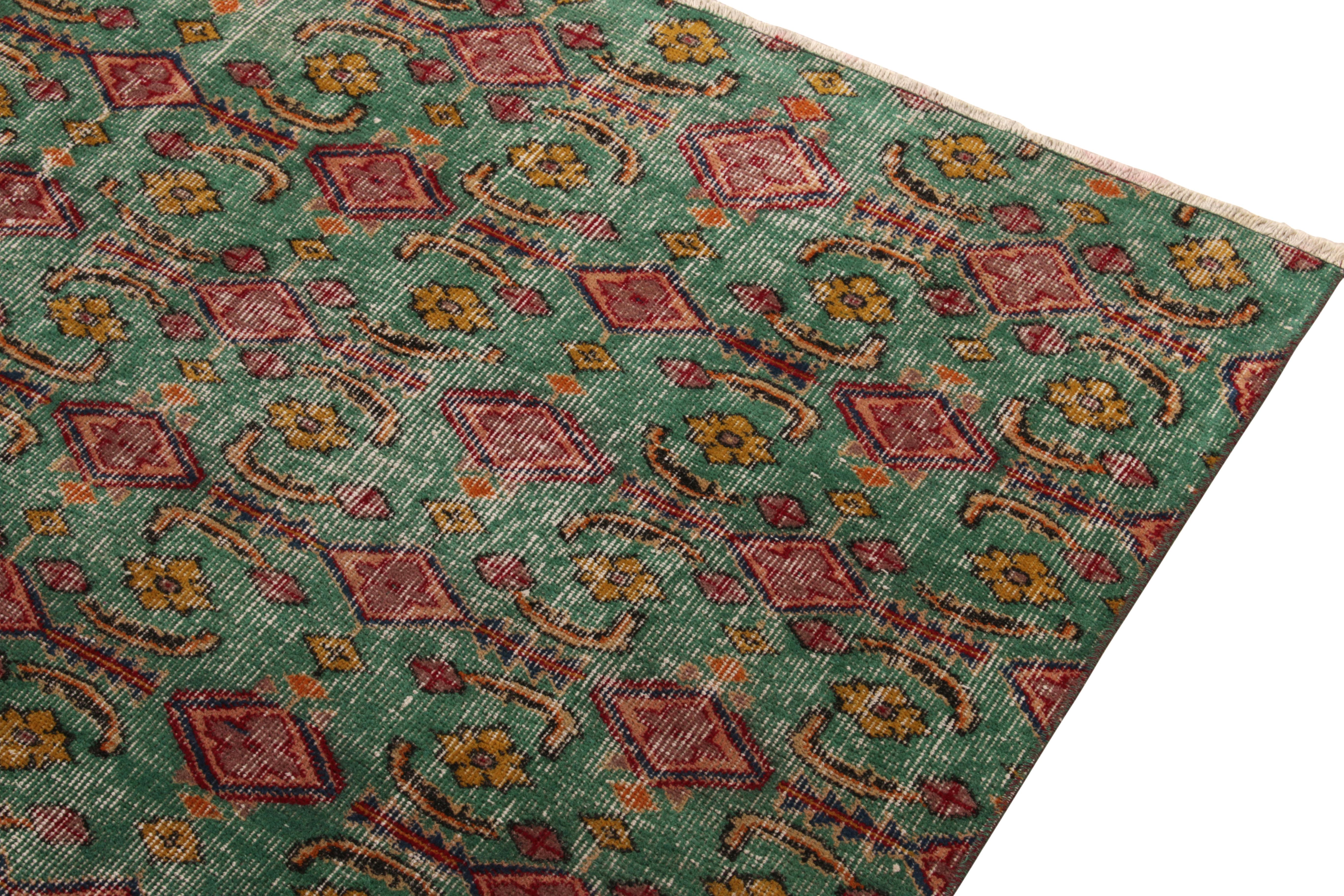 Turkish 1960s Distressed Art Deco Rug in Green, Pink, Gold Floral Pattern by Rug & Kilim For Sale