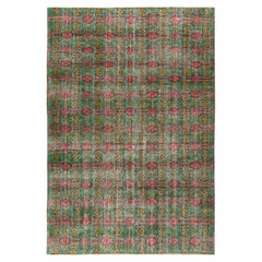Retro 1960s Distressed Art Deco Rug in Green, Pink, Gold Floral Pattern by Rug & Kilim